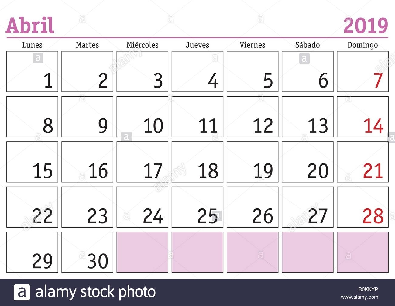 April Month In A Year 2019 Wall Calendar In Spanish. Abril 2019 Calendar Month In Spanish