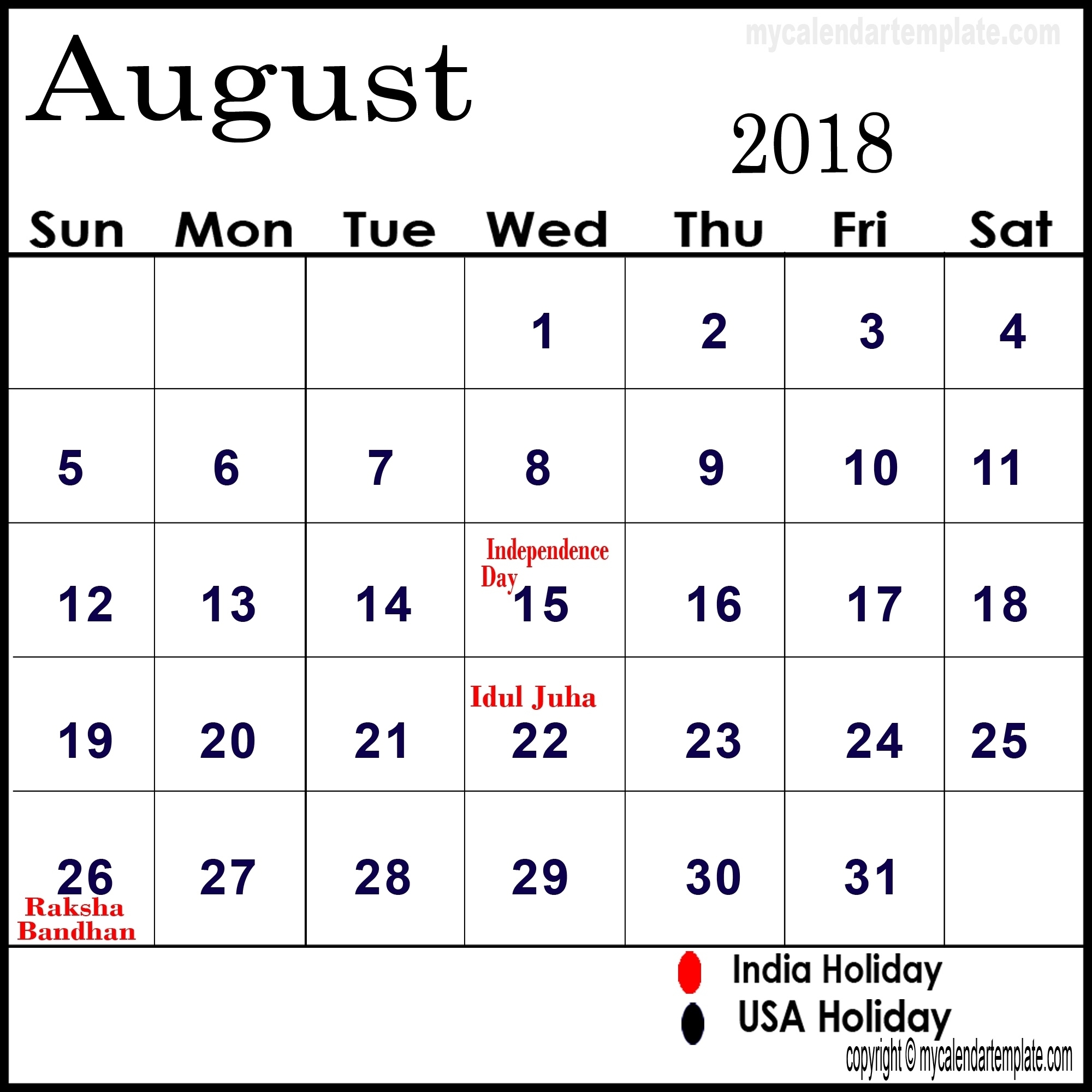 August 2018 Calendar Holidays - Free Printable Calendar, Blank Calendar Holidays For August