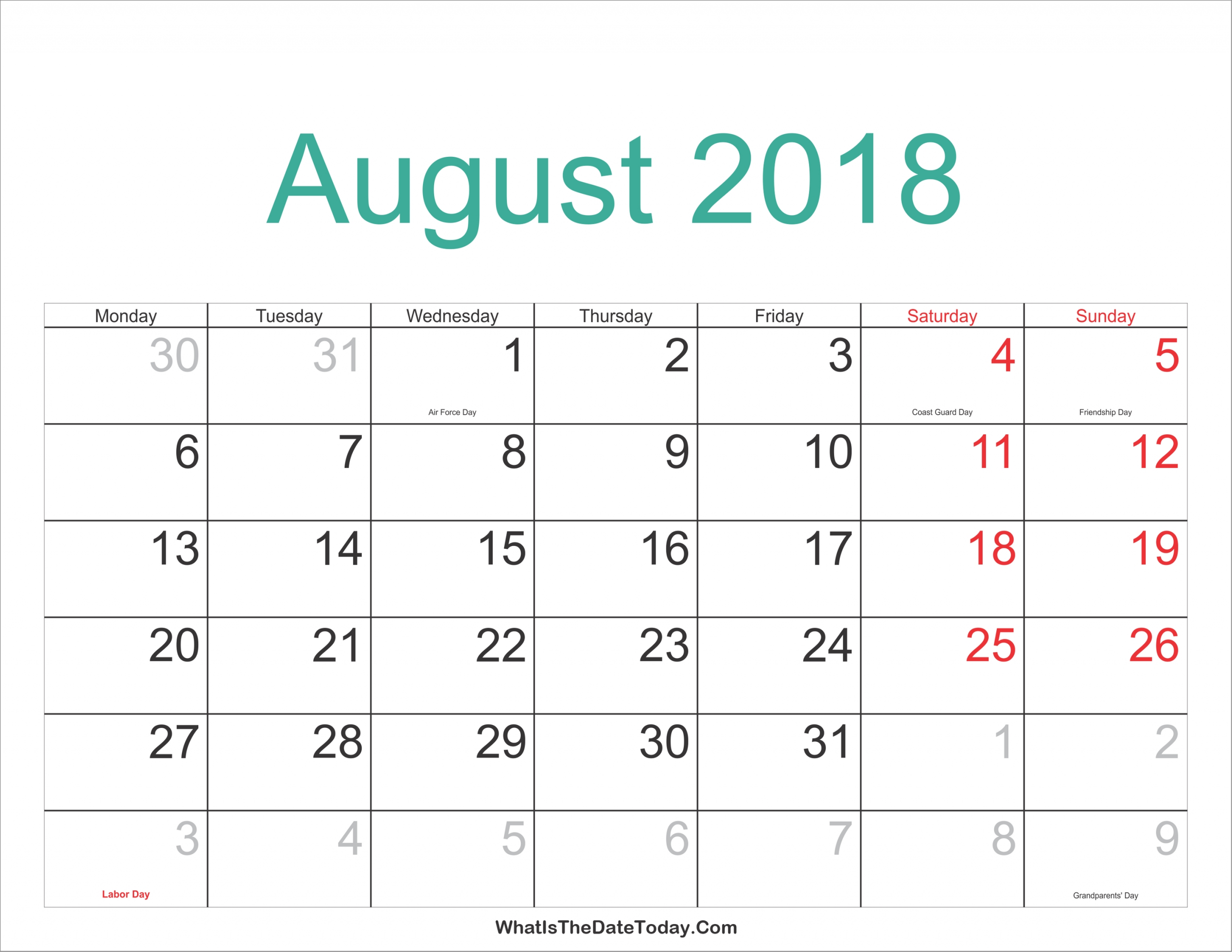 August 2018 Calendar With Holidays Printable Calendar Holidays For August