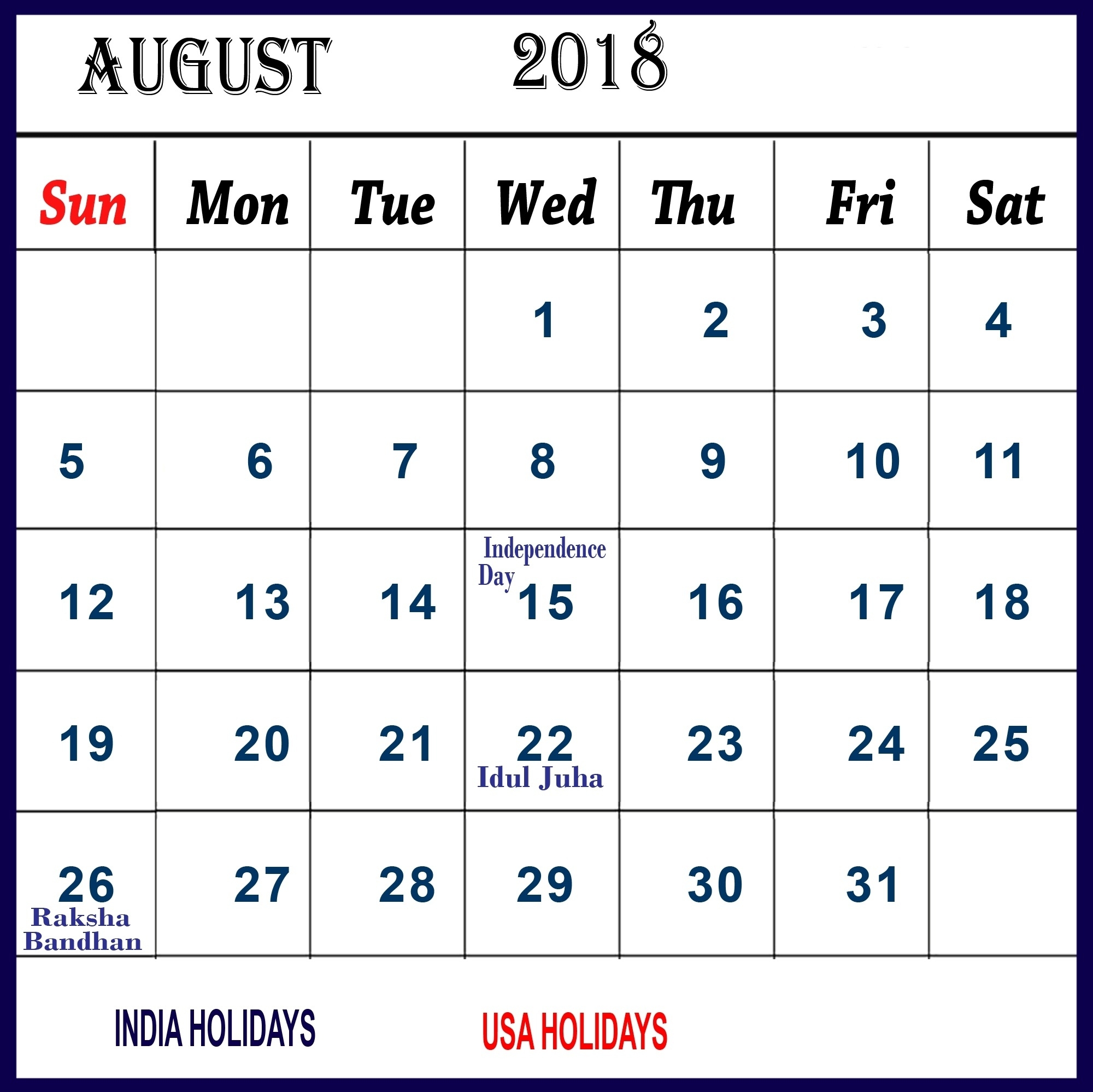 August Calendar 2018 Holidays Calendar Holidays For August