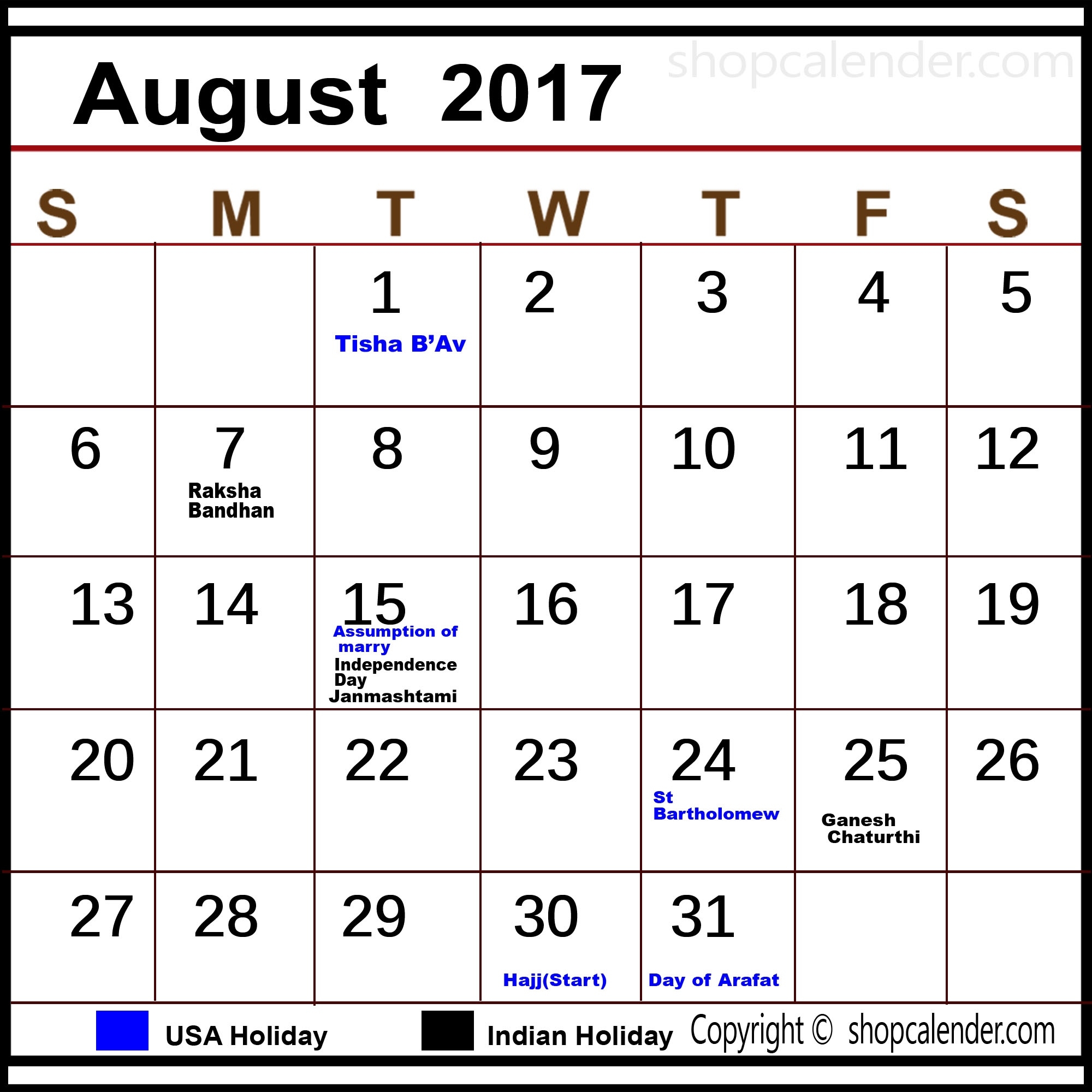 August Calendar With 2017 Holiday – Blank &amp; Free Calendar Templates Calendar Holidays For August