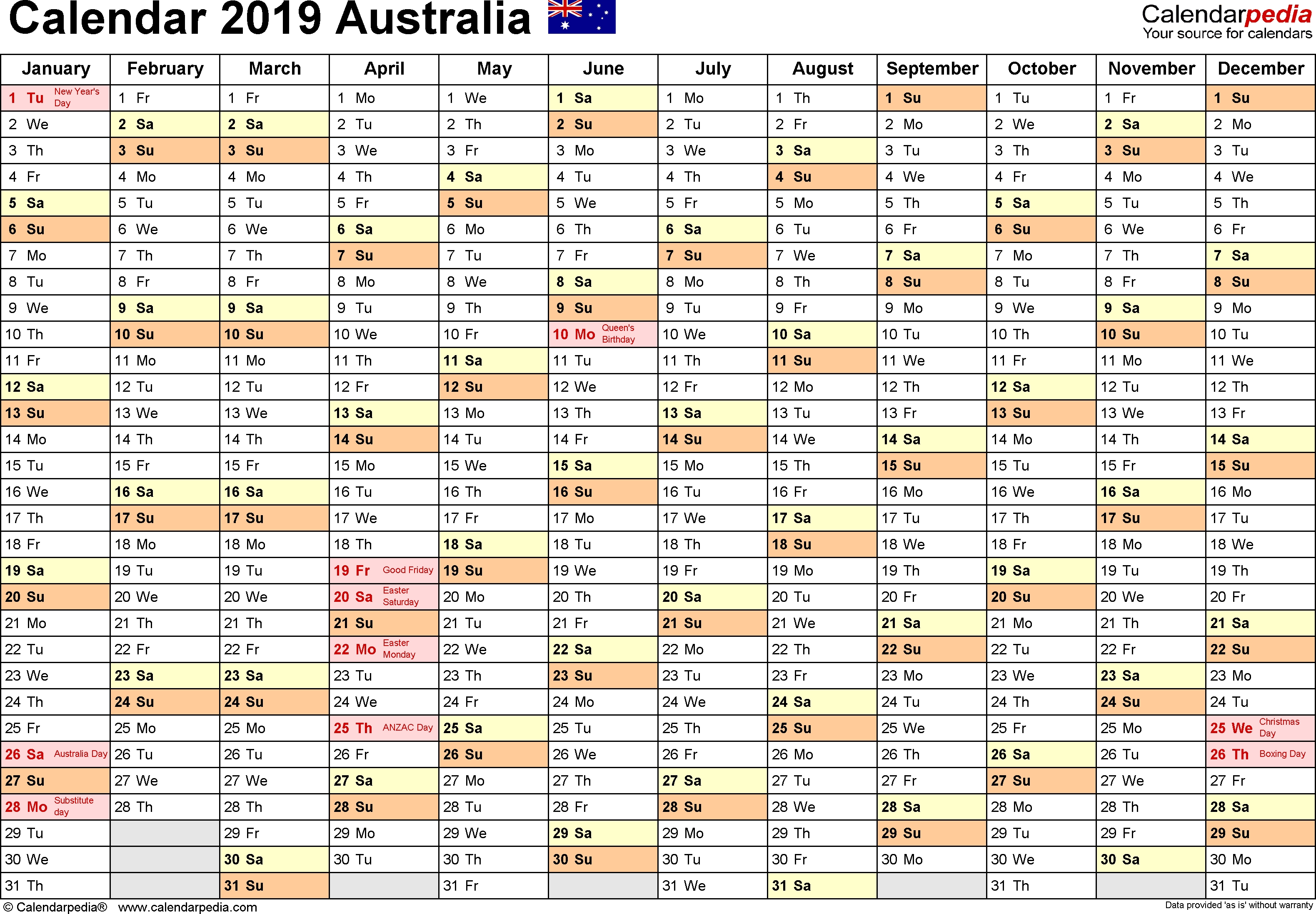 Australia Calendar 2019 - Free Printable Excel Templates Calendar Public Holidays Australia