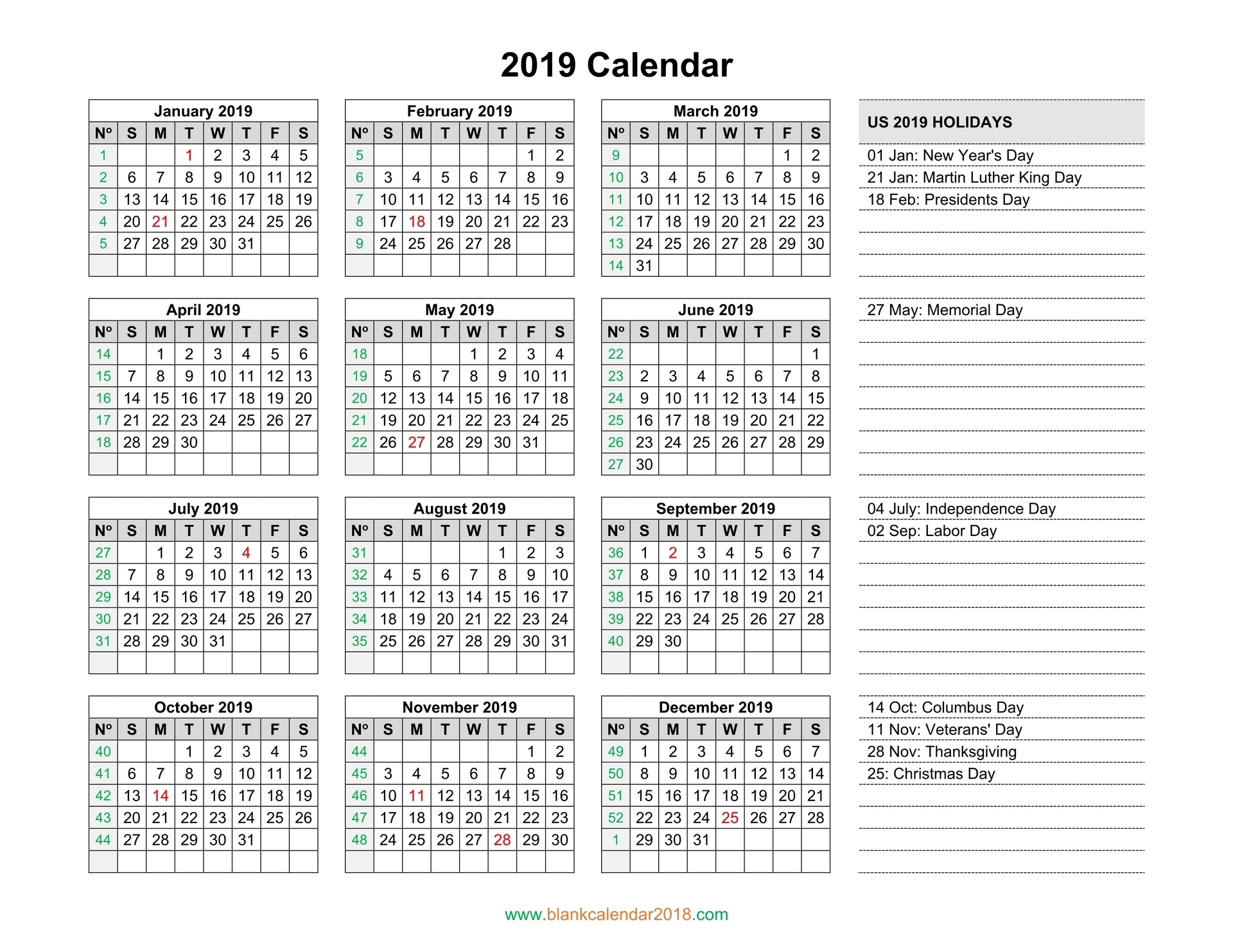 Blank Calendar 2019 Blank Calendar With Holidays