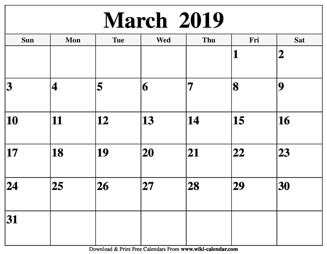 Blank March 2019 Calendar Printable Blank Calendar No Download