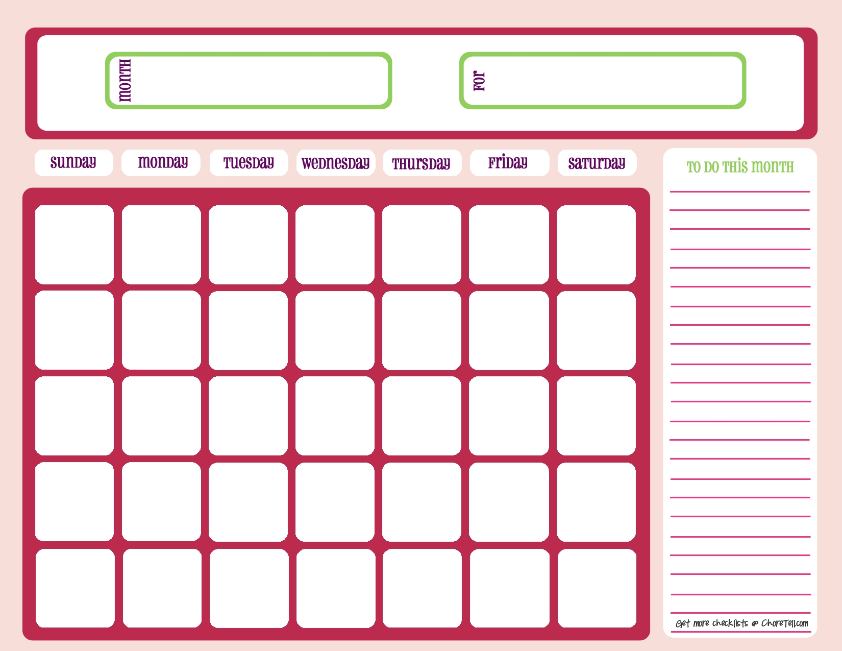 Blank Month Calendar - Pinks - Free Printable Downloads From Exceptional Blank Calendar By Month