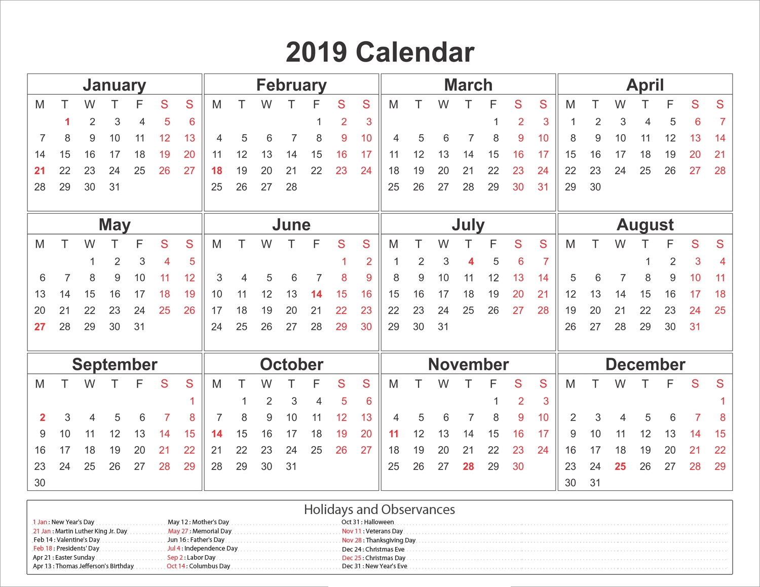 Blank Printable Calendar 2019 With Holidays | Printableshelter Impressive Blank Calendar With Holidays