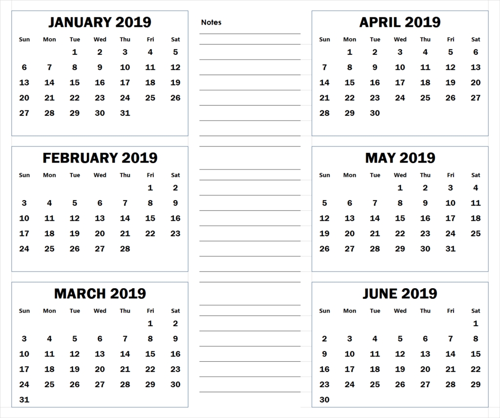 Blank Six Month 2019 Printable Calendar | 2019 Calendars | Calendar 6 Month Calendar Blank