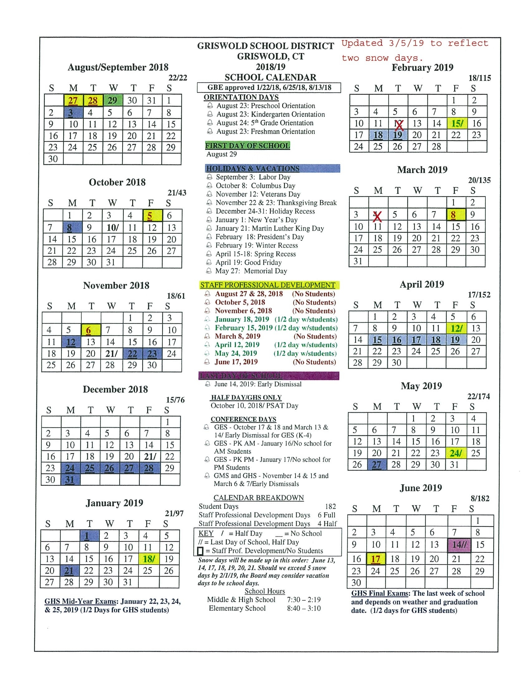 Board Approved Academic Calendar - Griswold Public Schools Exceptional 9 Week School Calendar