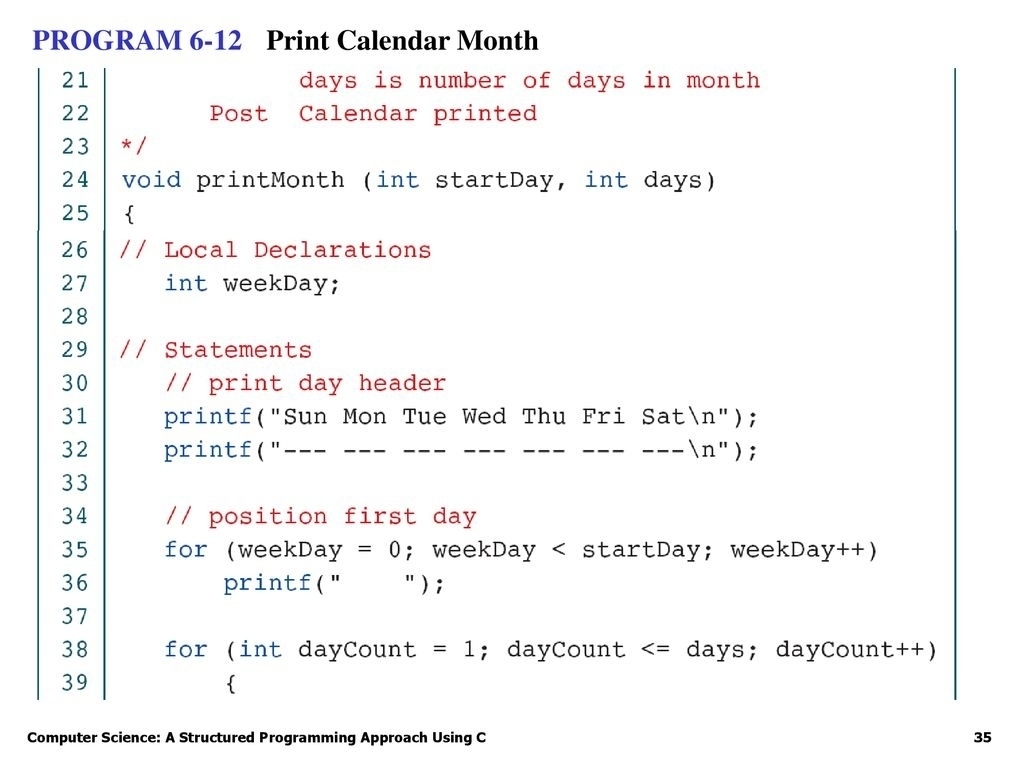 C Program To Print Calendar Of A Month • Printable Blank Calendar C Program For Printing Calendar