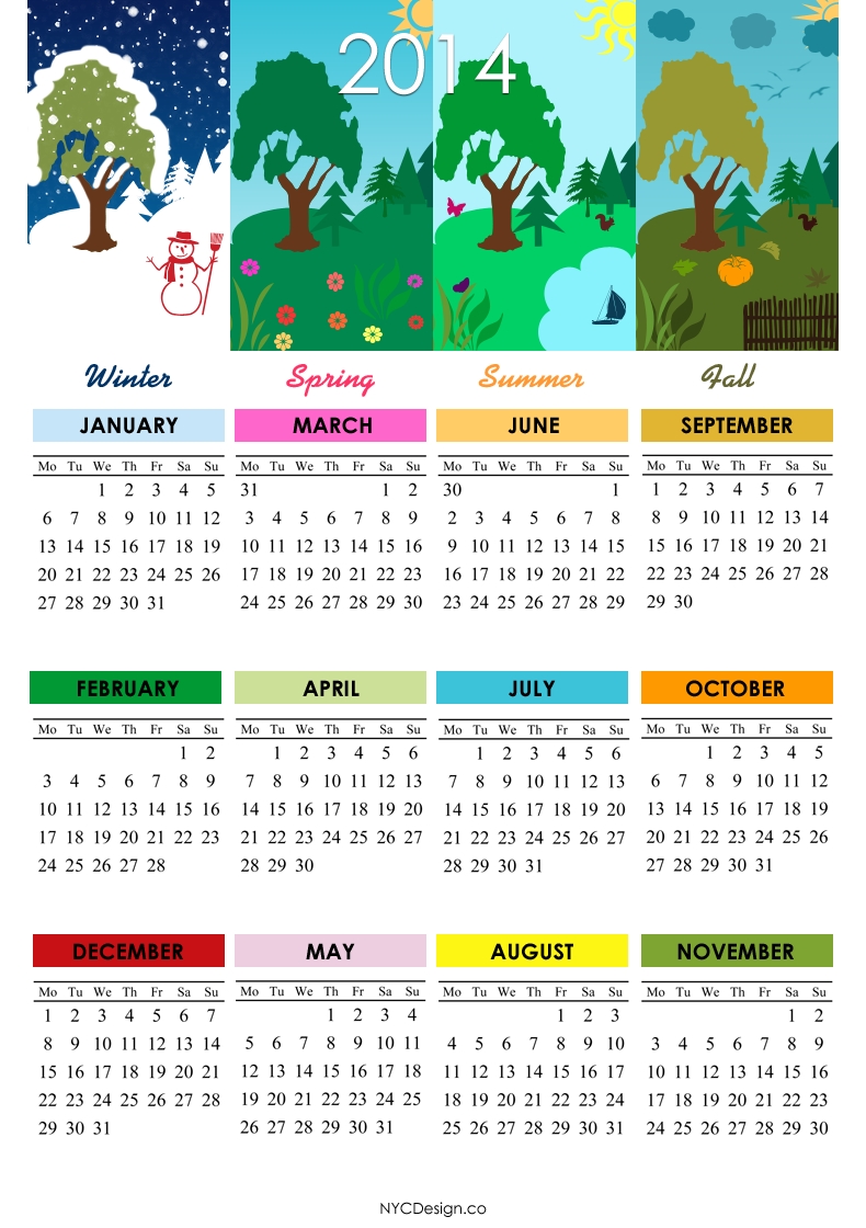 Calendar 2014 Printable One Page |  , New York, Ny: 2014 Calendar 4 Seasons Calendar Template