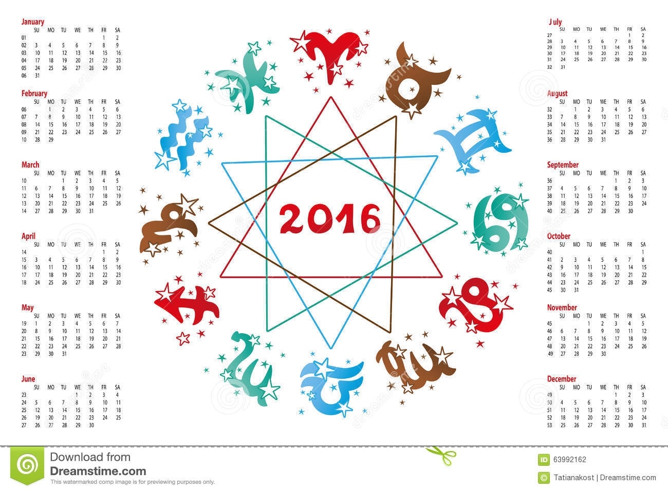 Calendar 2016.horoscope Zodiac Sign Stock Vector - Illustration Of Calendar For Zodiac Signs