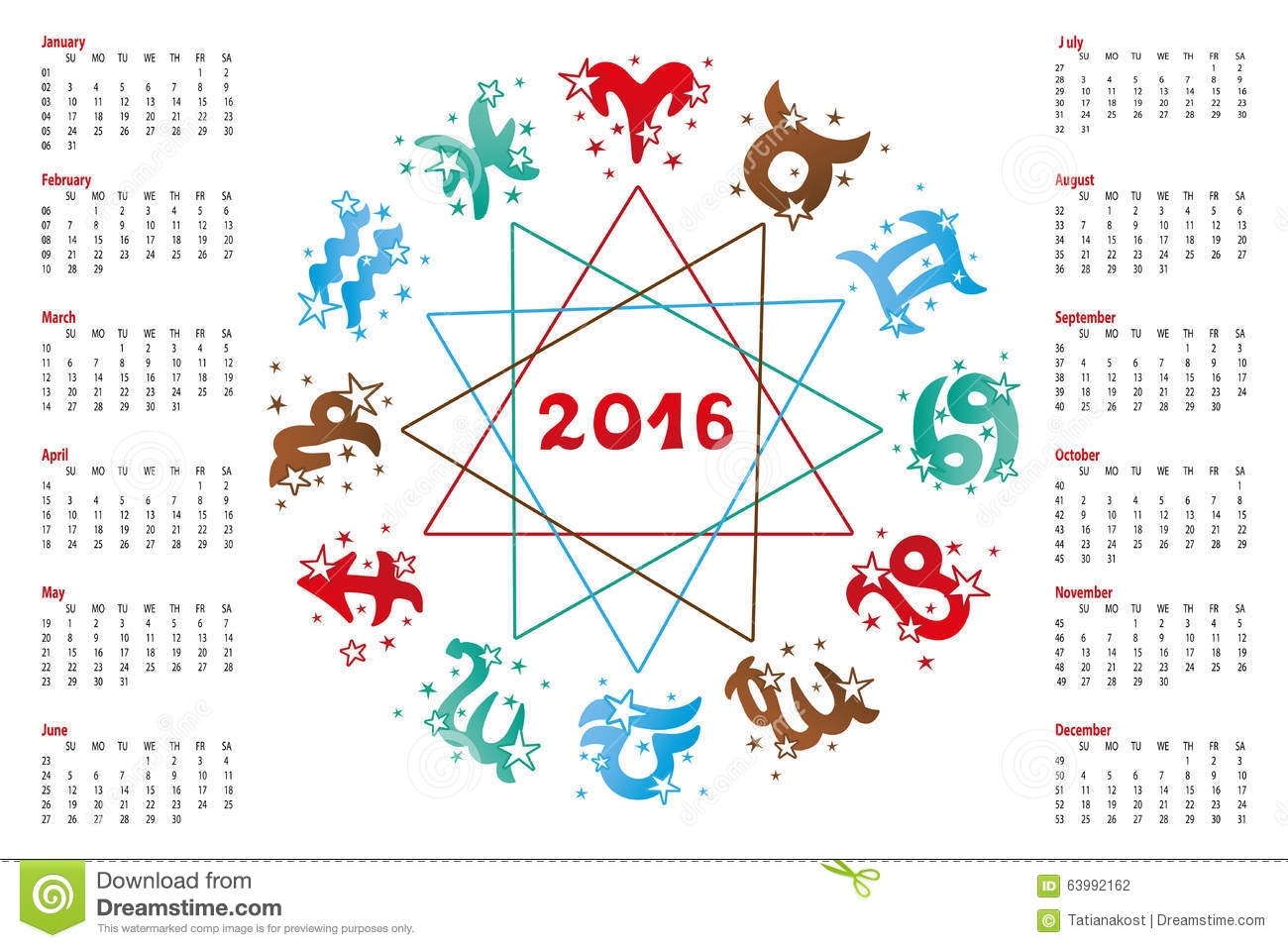 Calendar 2016.horoscope Zodiac Sign Stock Vector - Illustration Of Zodiac Calendar Signs Dates