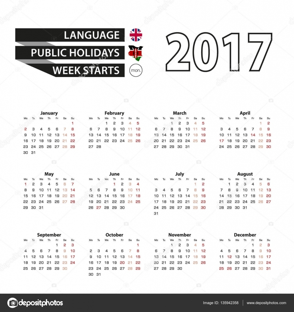 Calendar 2017 On English Language. With Public Holidays For Kenya In Calendar Holidays In Kenya