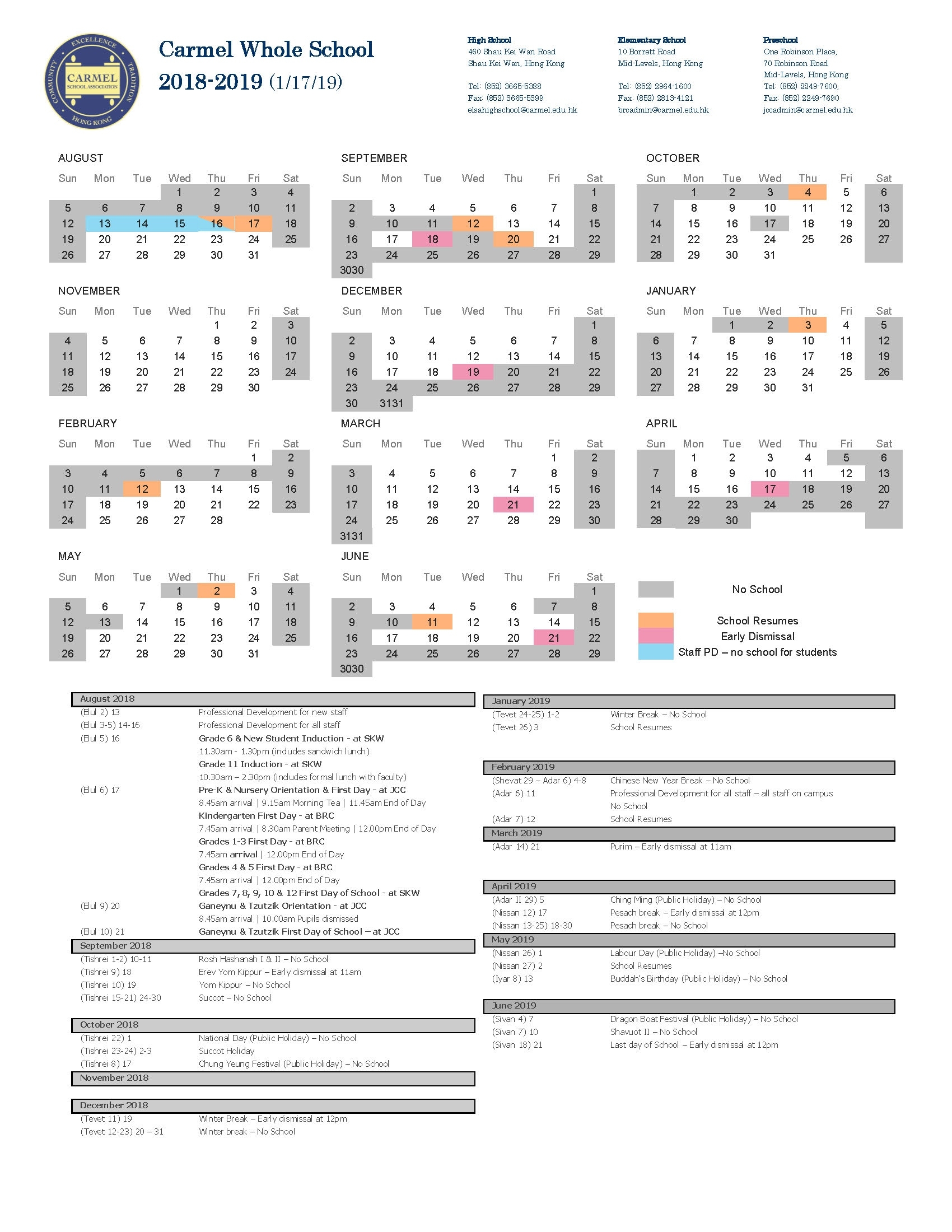 Calendar (2018-19) - Carmel School Association Perky K International School Calendar
