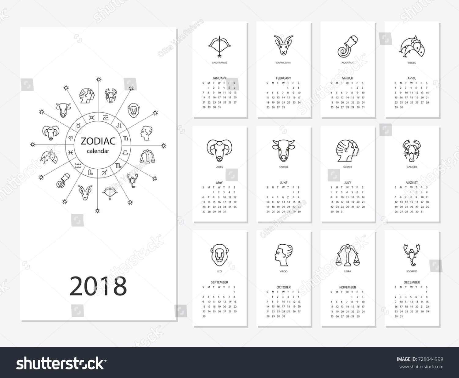 Calendar 2018 Horoscope Signs Zodiac Symbols Stock Vector (Royalty Calendar For Zodiac Signs