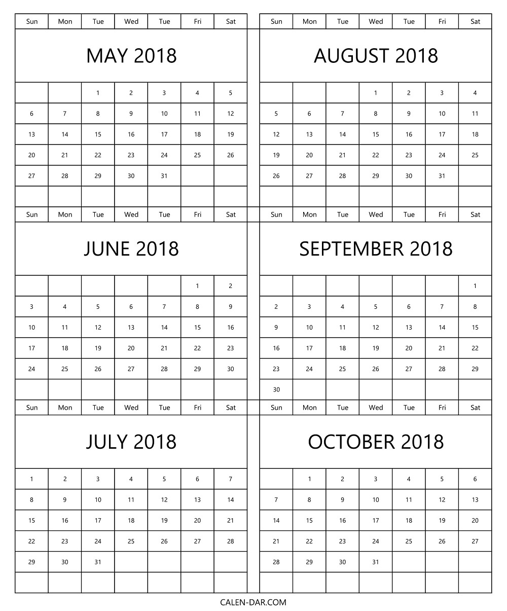 Calendar 2018 May To October Printable 6 Months Template To Print Print Calendar 6 Months