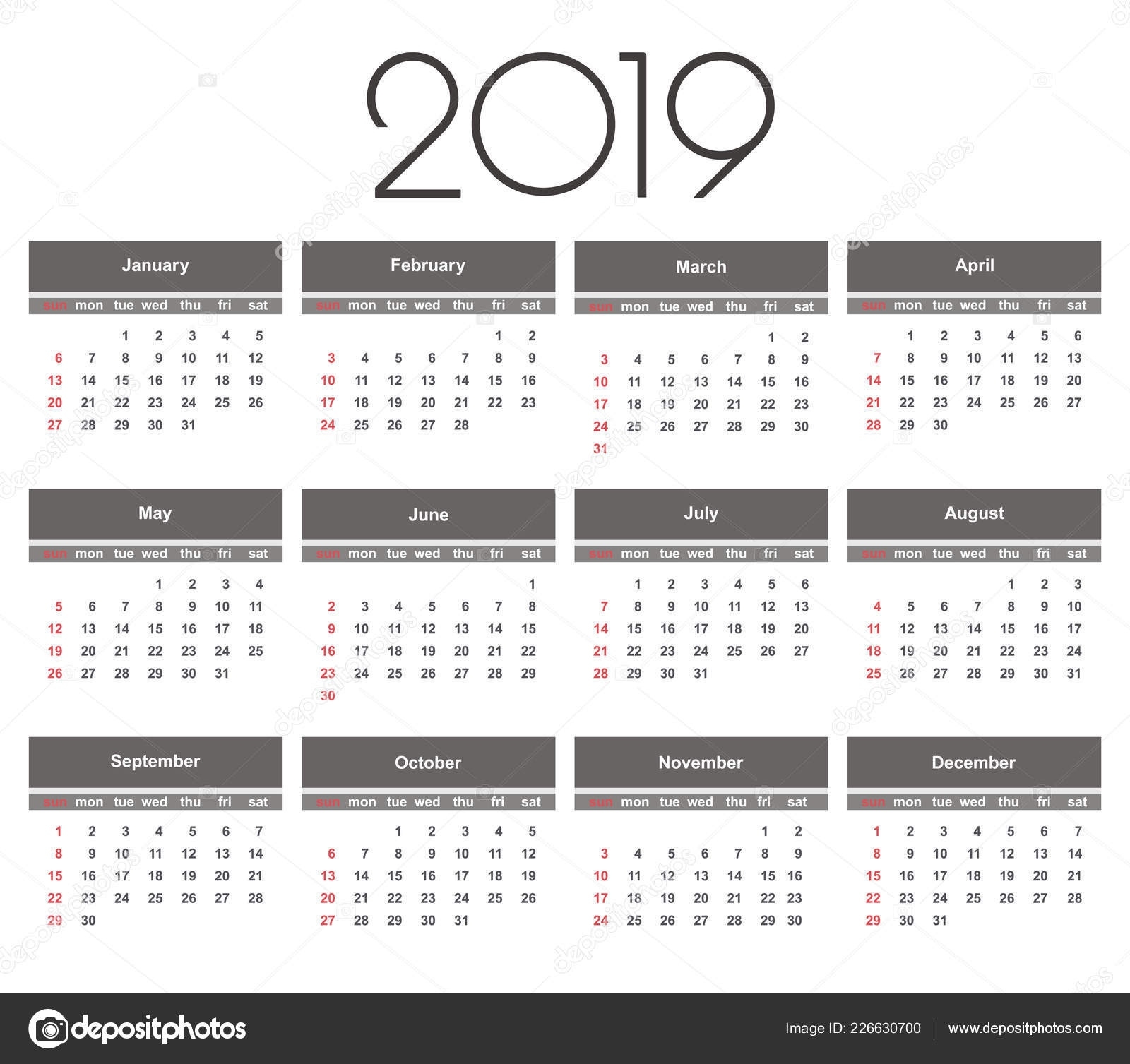Calendar 2019 Year Simple Vector Template Stationery Design Template Impressive Blank Calendar High Resolution