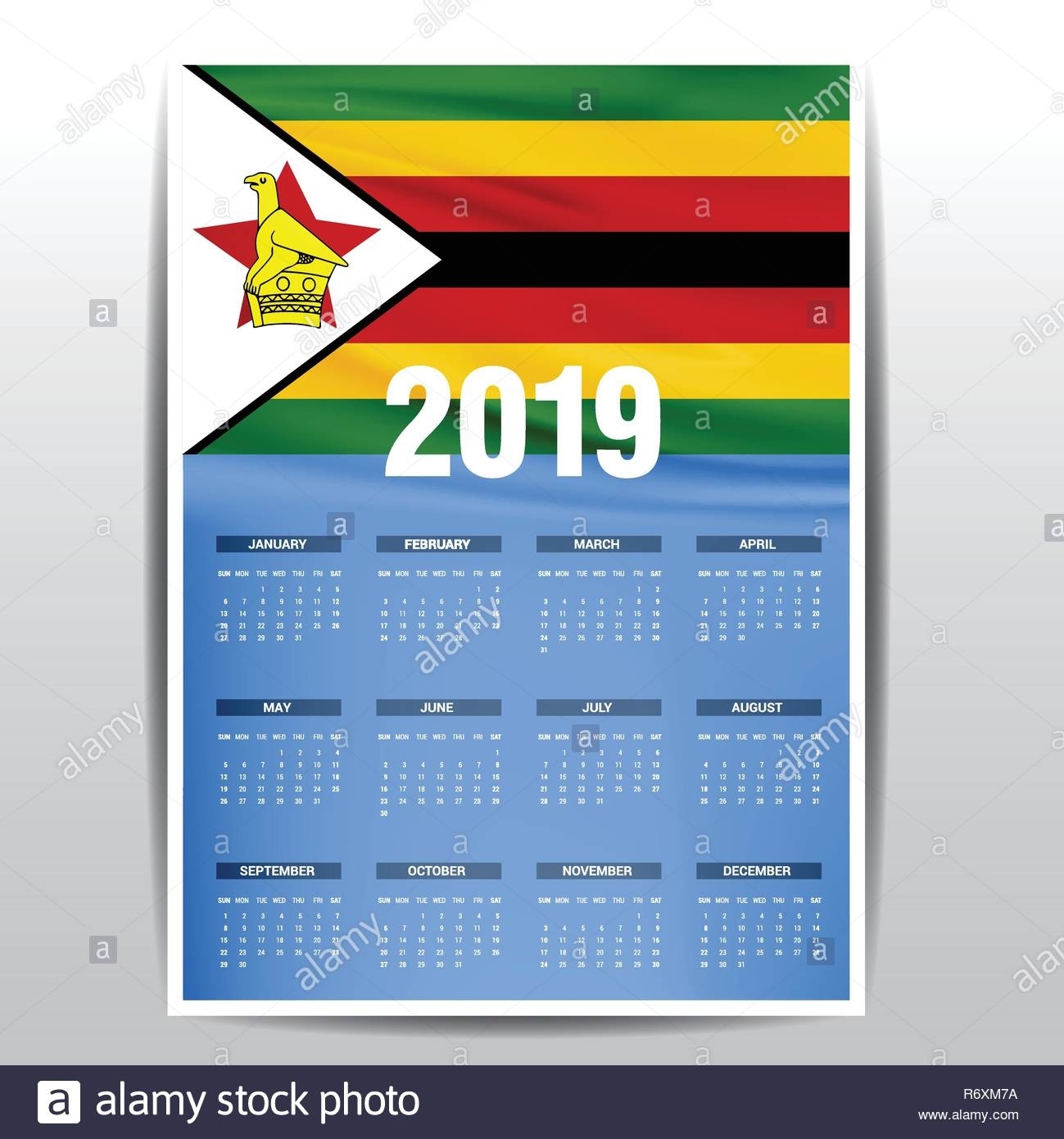Calendar 2019 Zimbabwe Flag Background. English Language Stock Calendar Printing In Zimbabwe