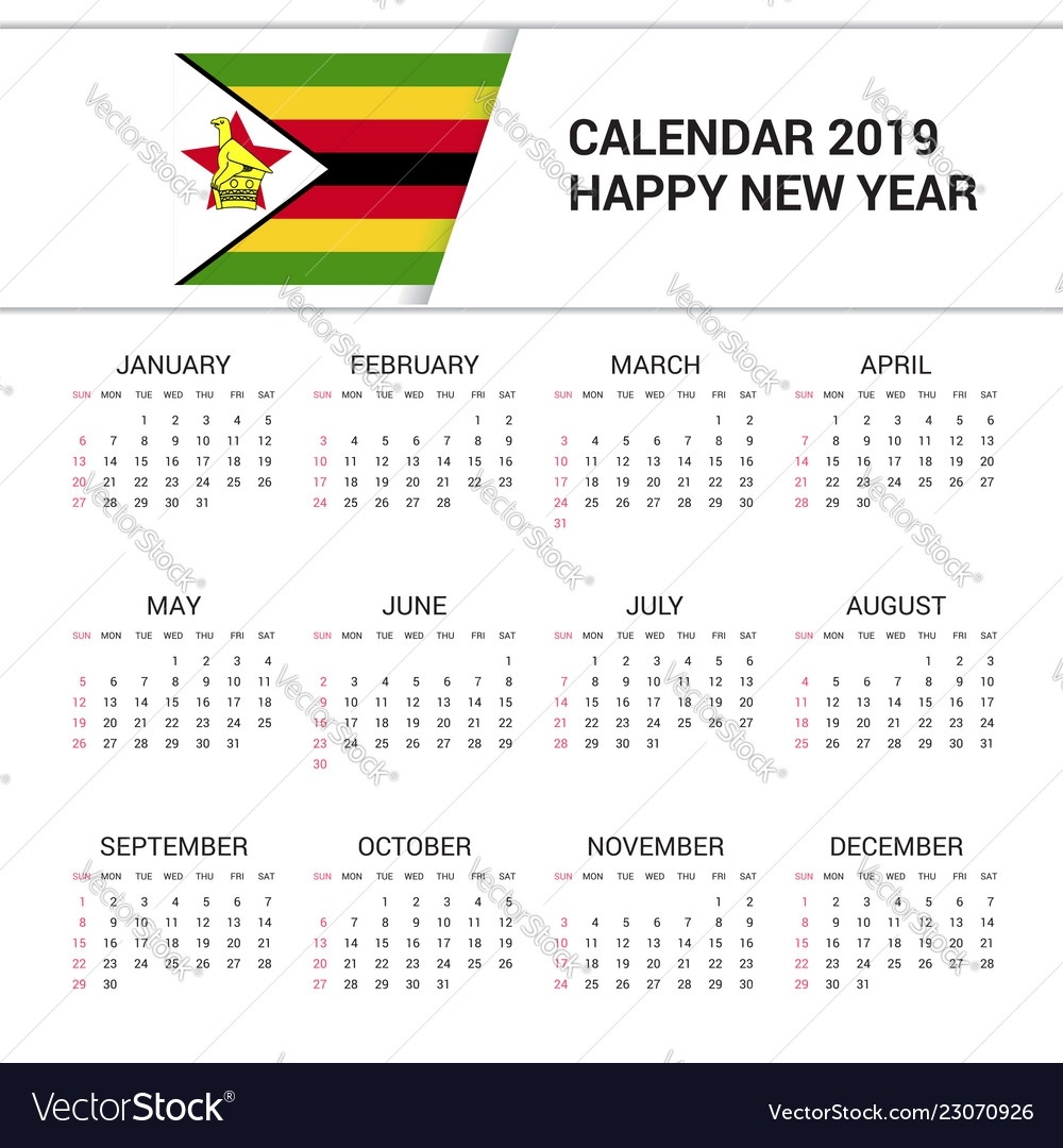 Calendar 2019 Zimbabwe Flag Background English Vector Image Calendar Printing In Zimbabwe