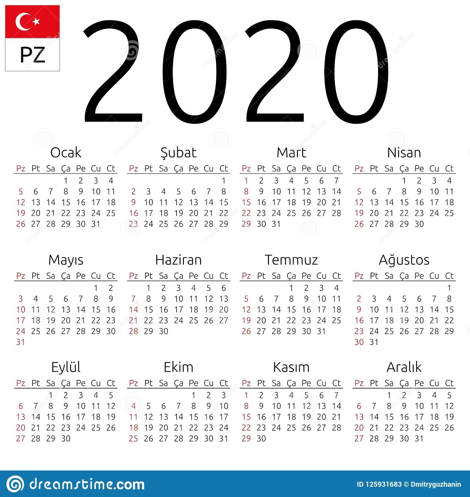Calendar 2020, Turkish, Sunday Stock Vector - Illustration Of 2020 Perky 2020 Calendar Starting Monday