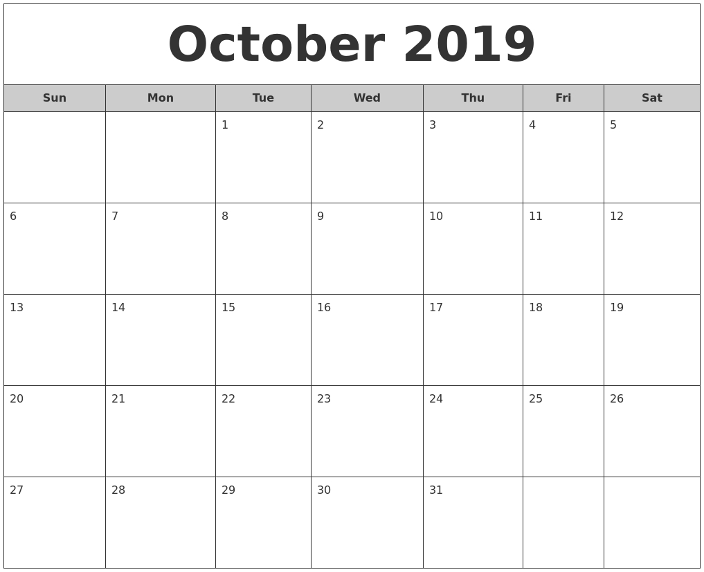 Calendar Month For October 2019 • Printable Blank Calendar Template Calendar Month Of October