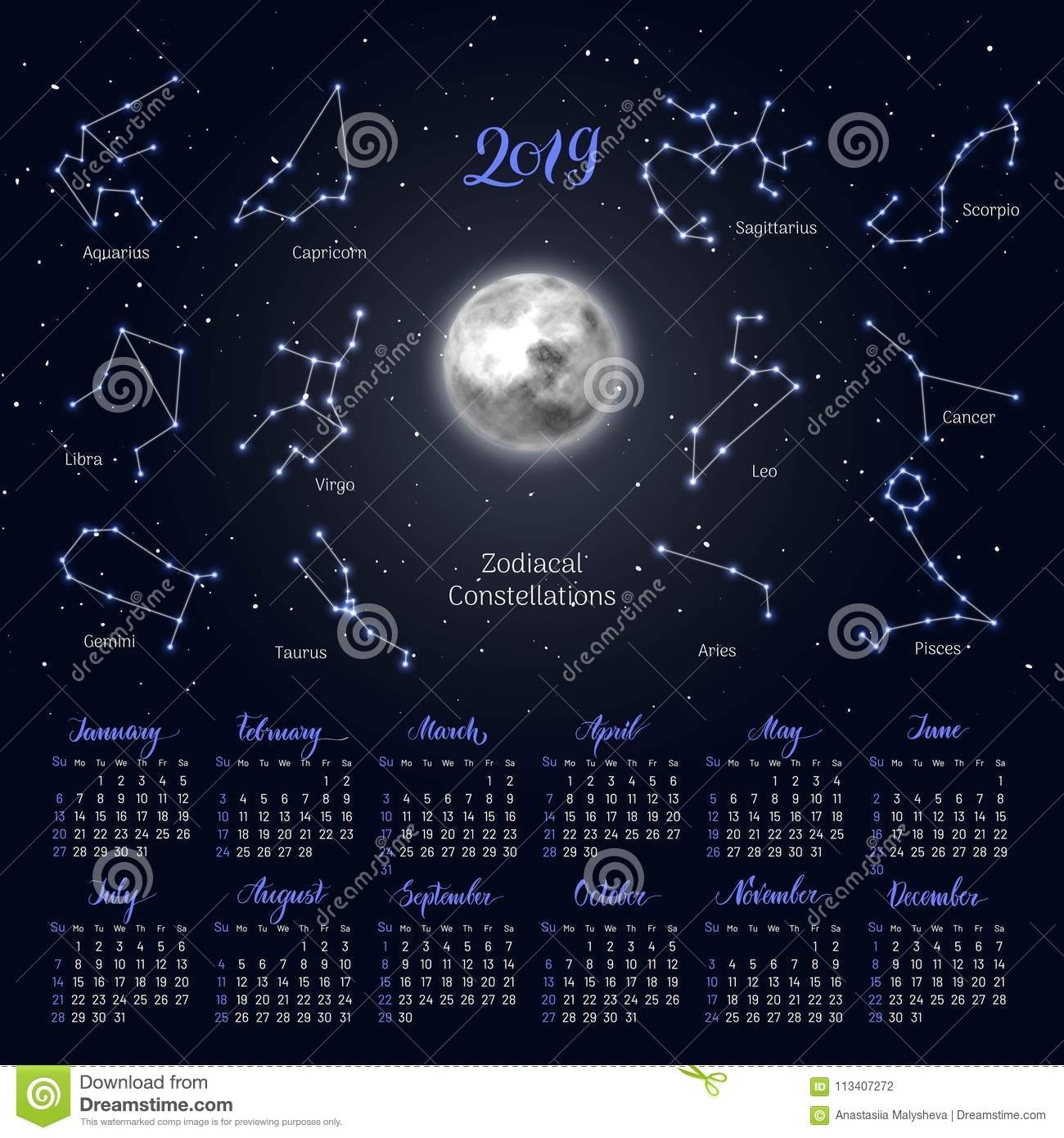 Calendar, Moon, Zodiac Constellations, 2019, Night Sky Background Moon Calendar Today Zodiac