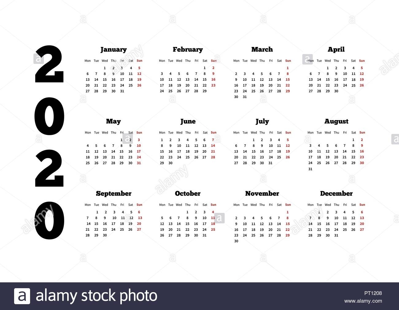 Calendar On 2020 Year With Week Starting From Monday, A4 Sheet Stock 2020 Calendar Starting On Monday