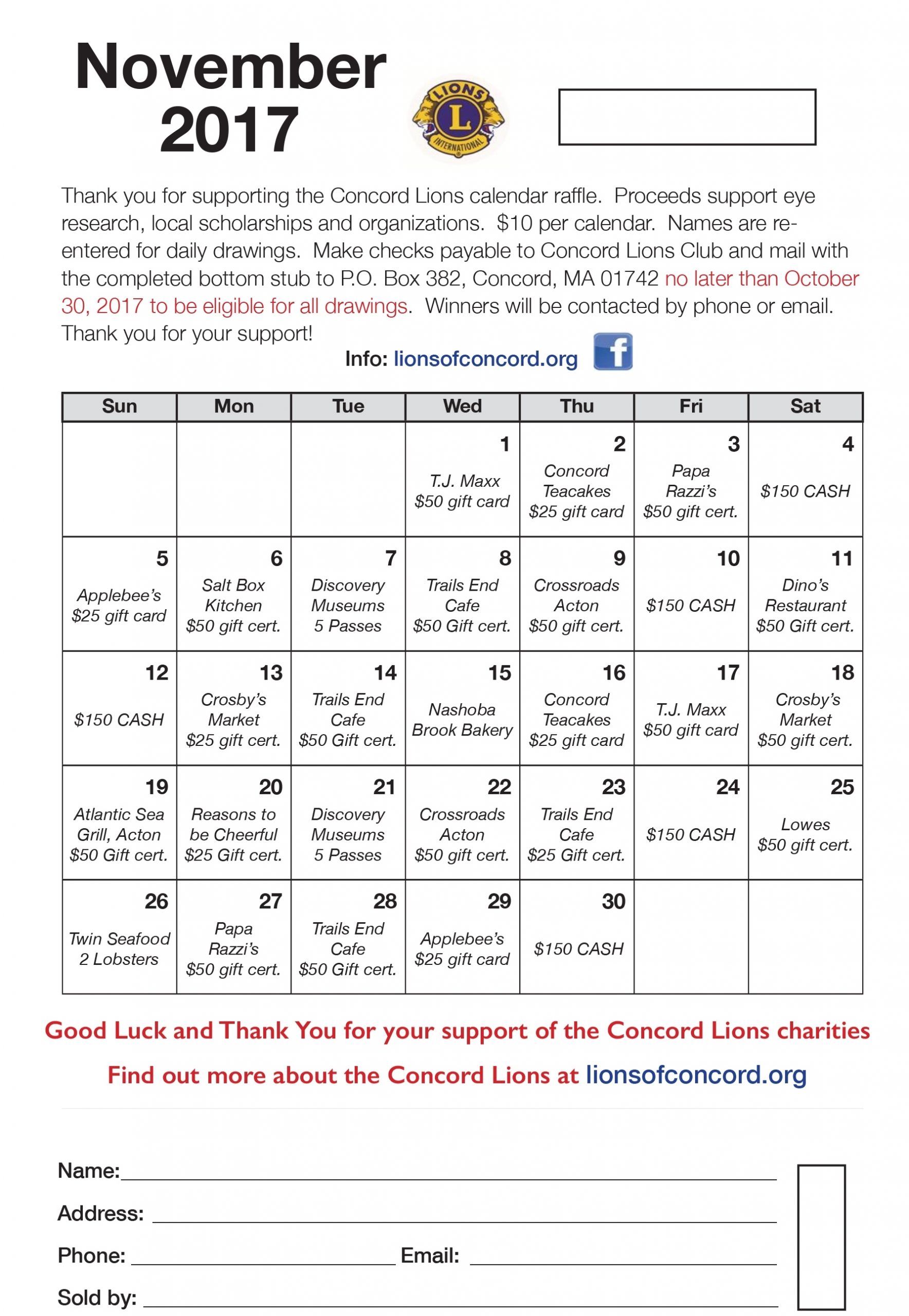 Calendar Raffle – Concord Lions Club Calendar Raffle Ticket Printing