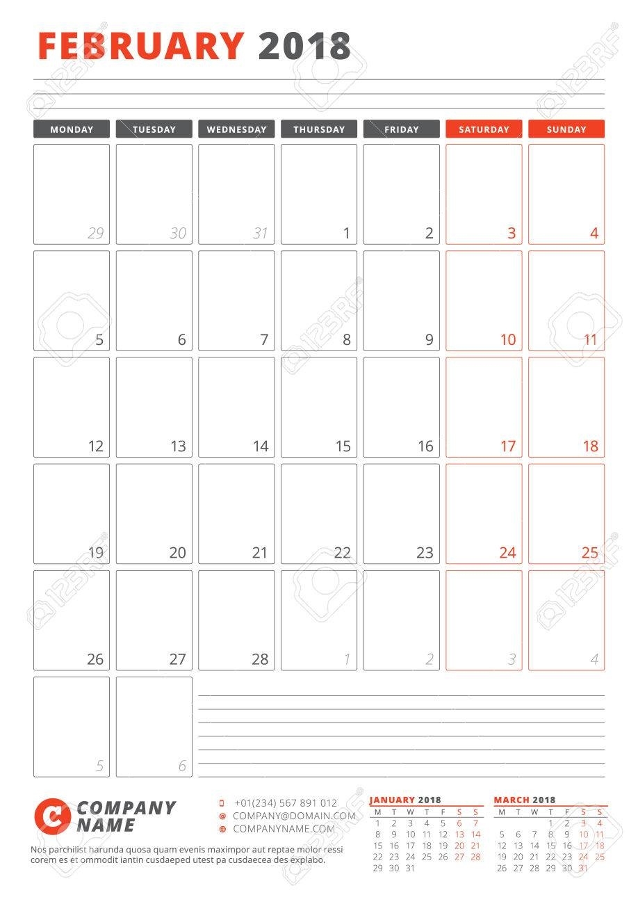 Calendar Template For February 2018. Business Planner 2018 Template Calendar Template 1 Week