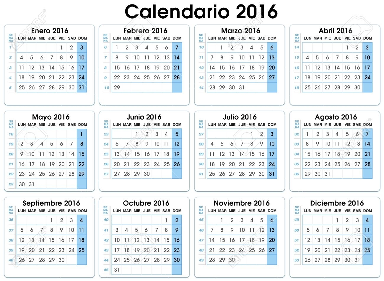 Calendar Vertical 2016. Spanish. 12 Months, Indicating Number Calendar Month In Spanish
