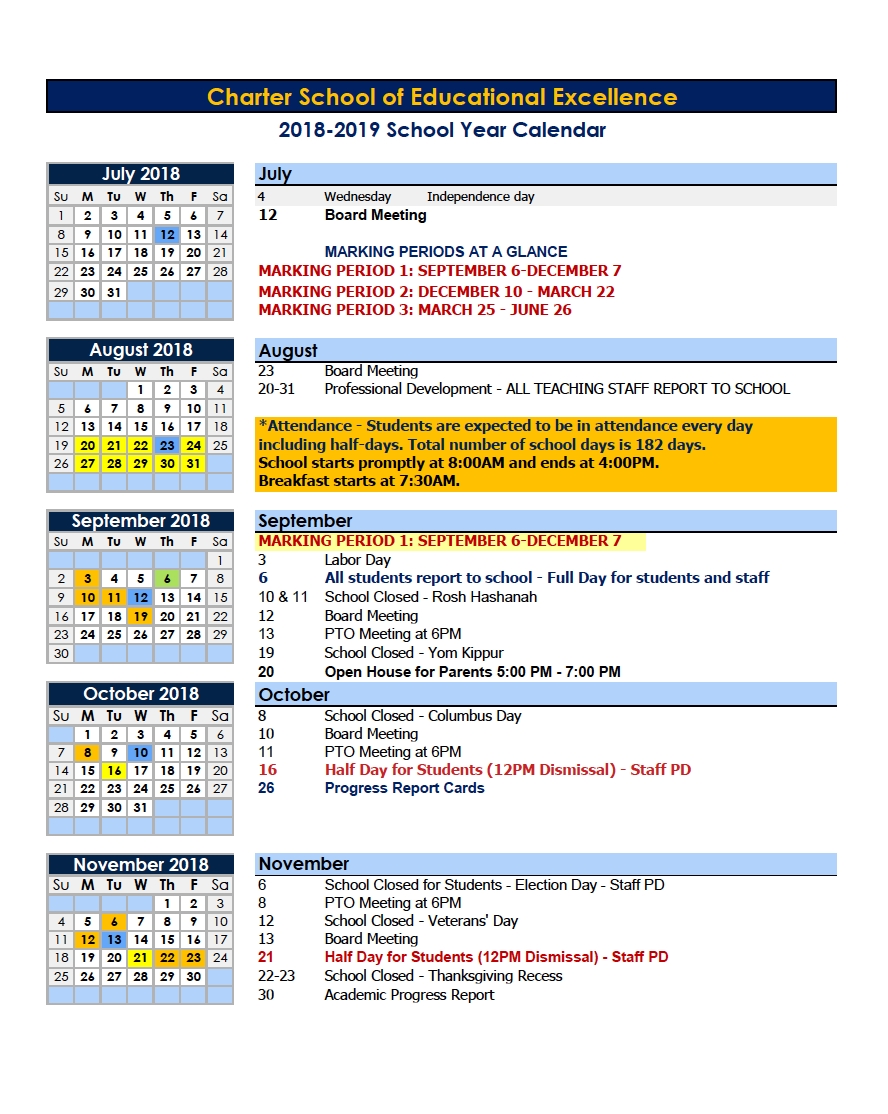 Calendars – Parents – Charter School Of Educational Excellence N Y C School Calendar