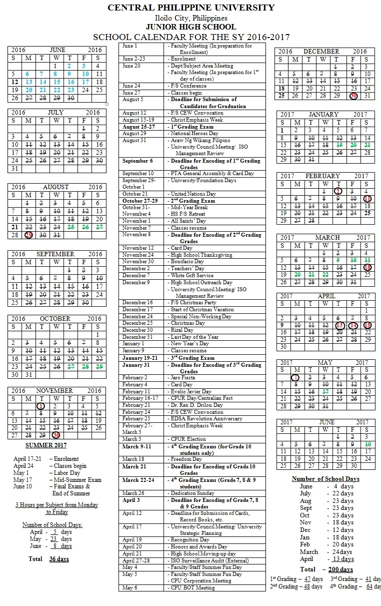 Central Philippine University Extraordinary U High School Calendar