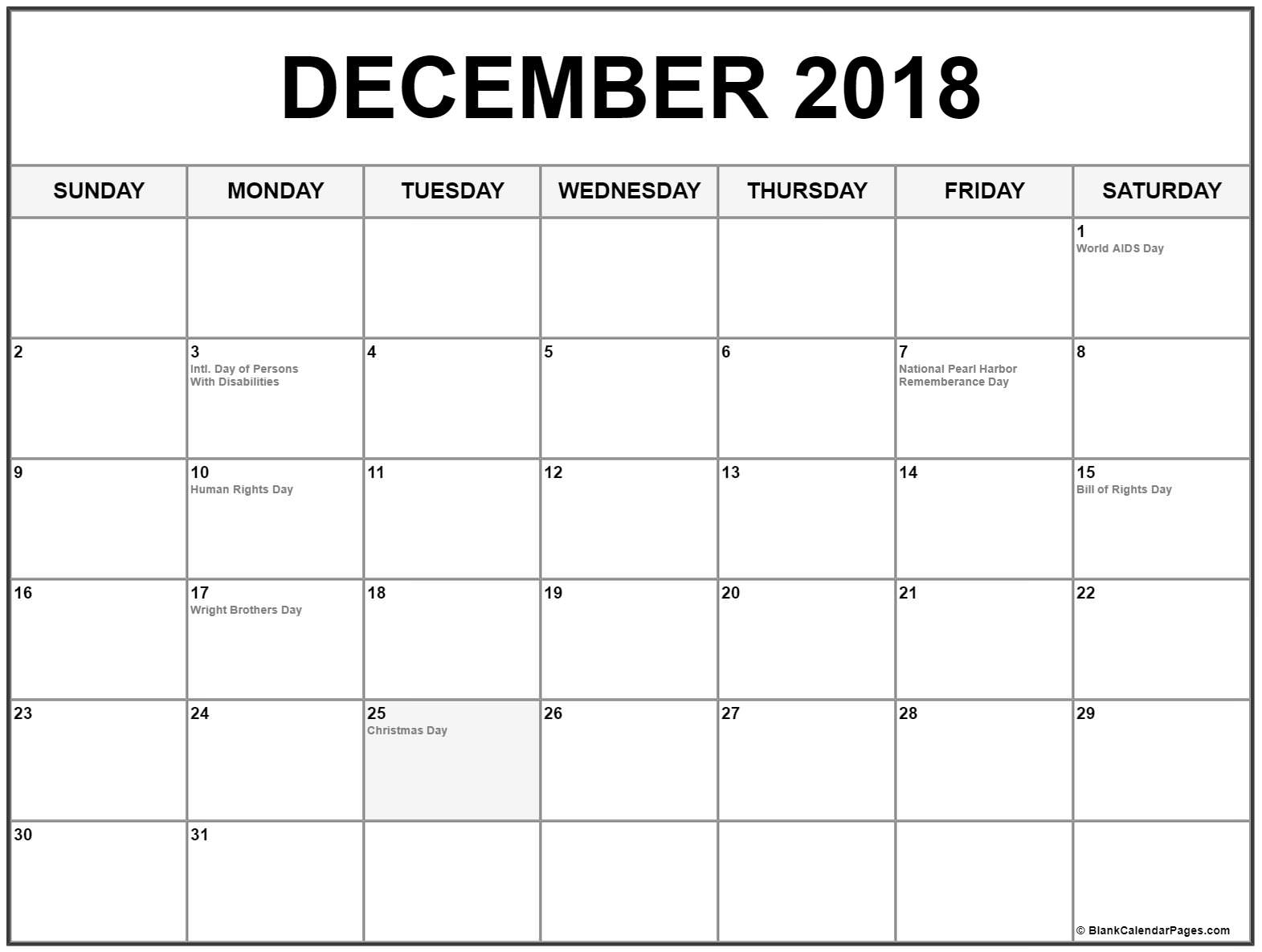 Collection Of December 2018 Calendars With Holidays Calendar Of Holidays In December
