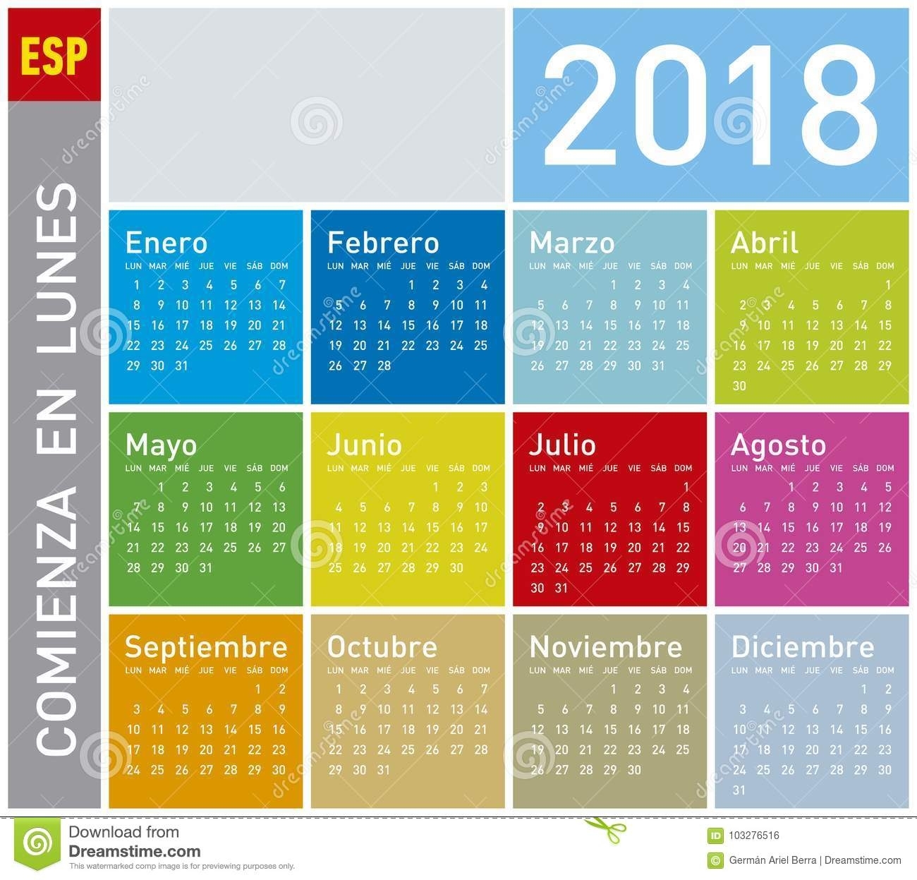 Colorful Calendar For Year 2018, In Spanish. Stock Vector Calendar Month In Spanish
