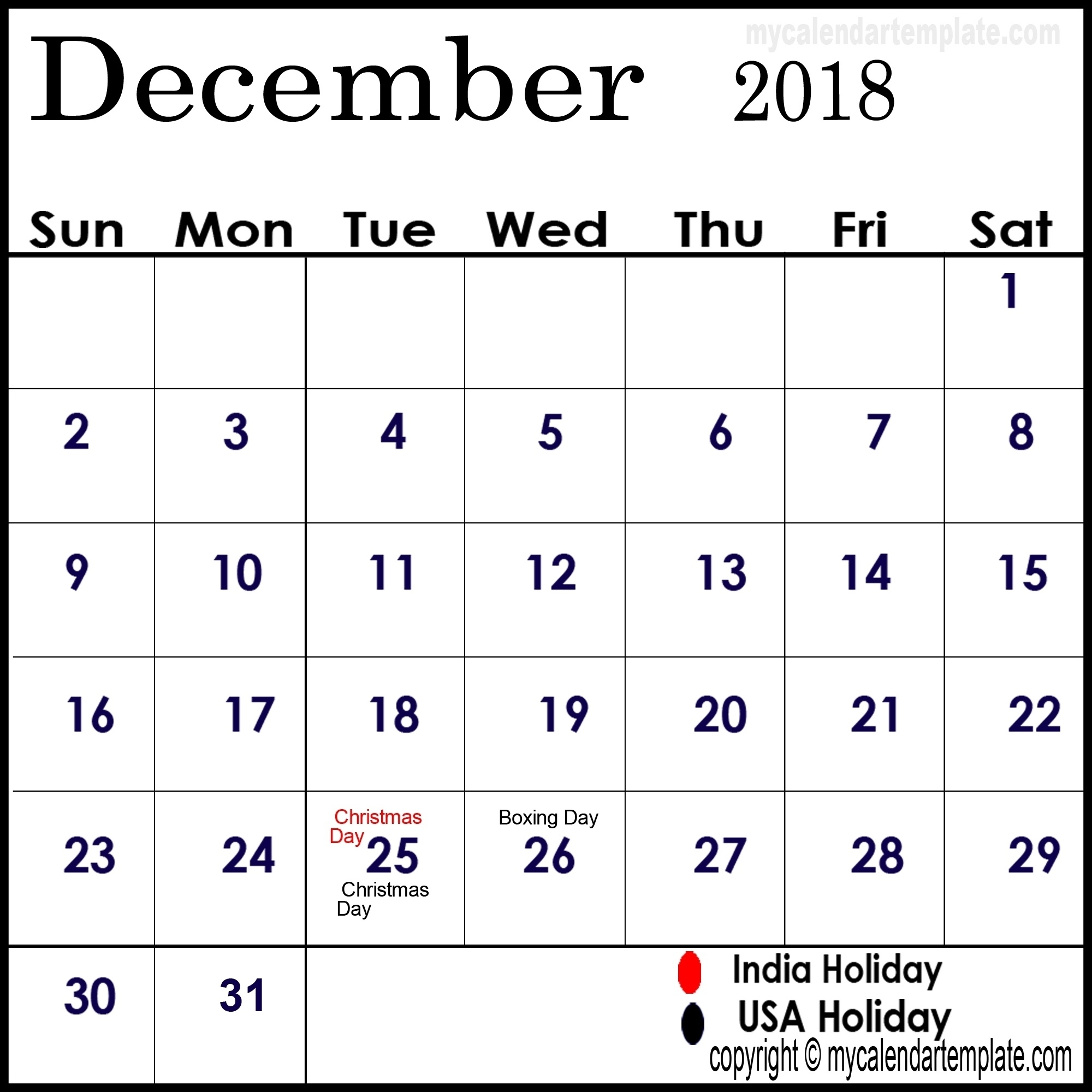 December 2018 Calendar With Holidays | Free Template Calendar Of Holidays In December
