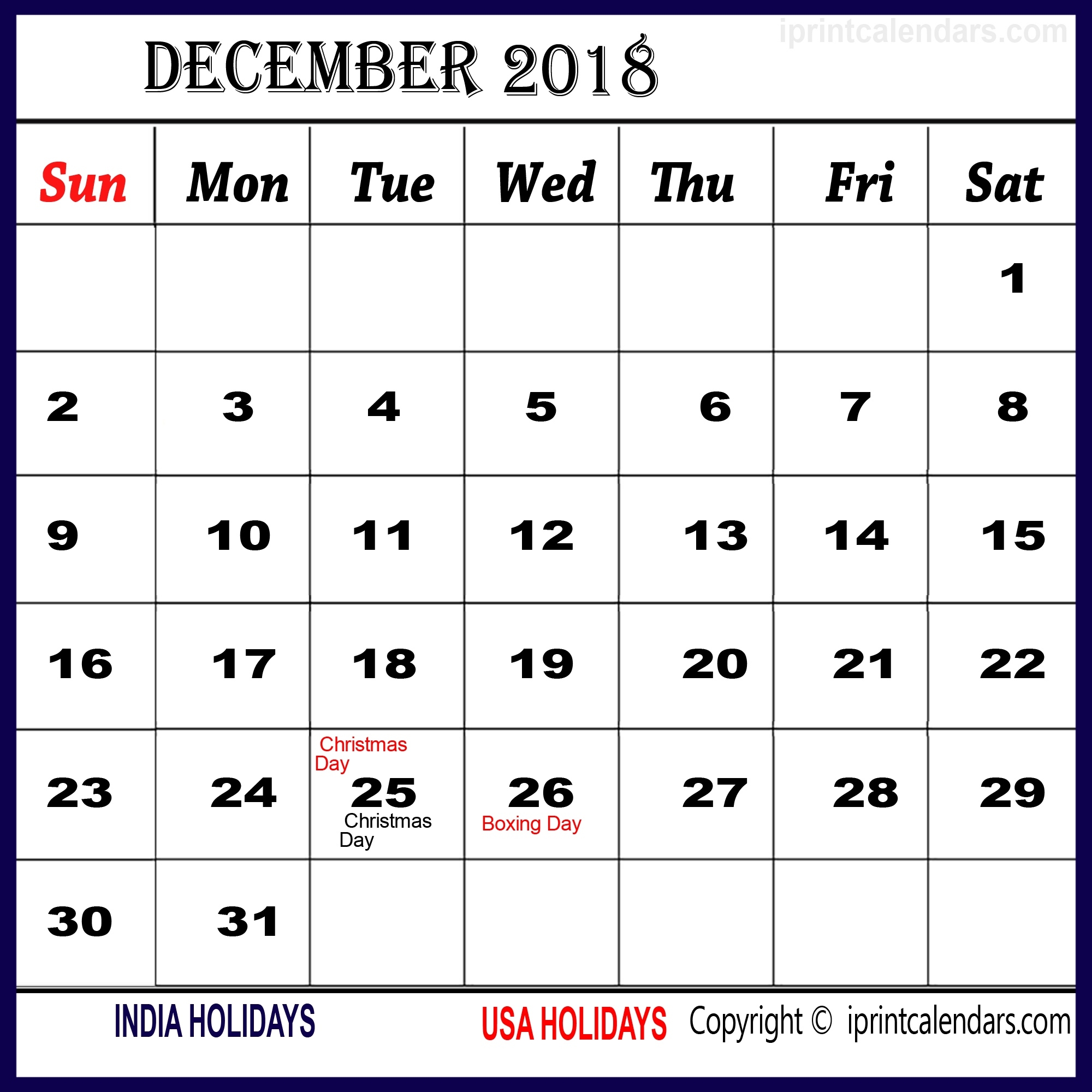 December 2018 Calendar With Holidays | Year Printable Calendar Calendar Of Holidays In December