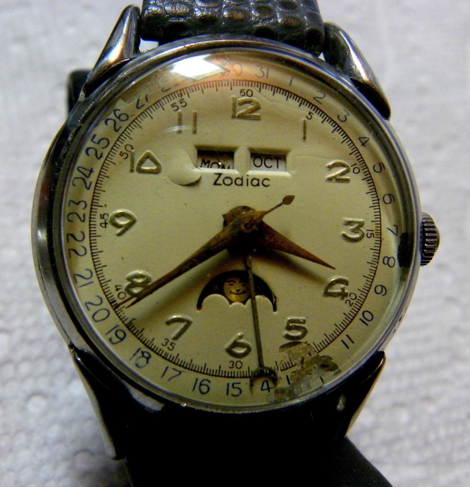 Details About Zodiac Moon Phase Triple Date Vintage Watch | Calendar Zodiac Triple Calendar Moonphase