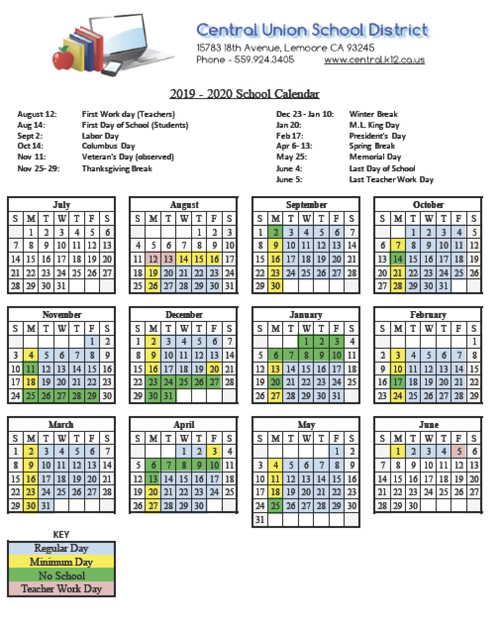 District Calendar 2019-20 - Central Union School District Incredible Cusd 4 School Calendar