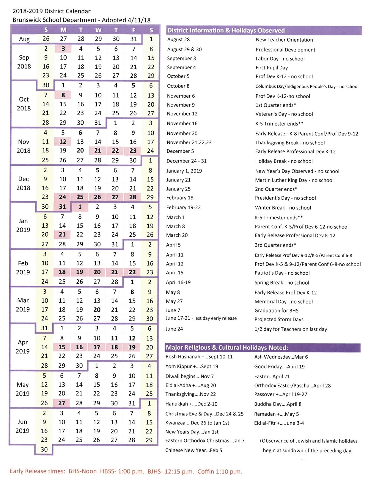 District Calendar - Brunswick School Department Impressive Region 1 School Calendar