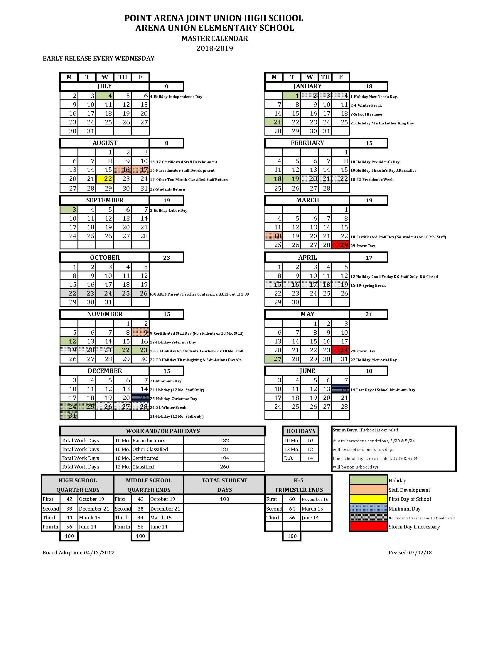 District Calendar | Point Arena Schools School Calendar District 87