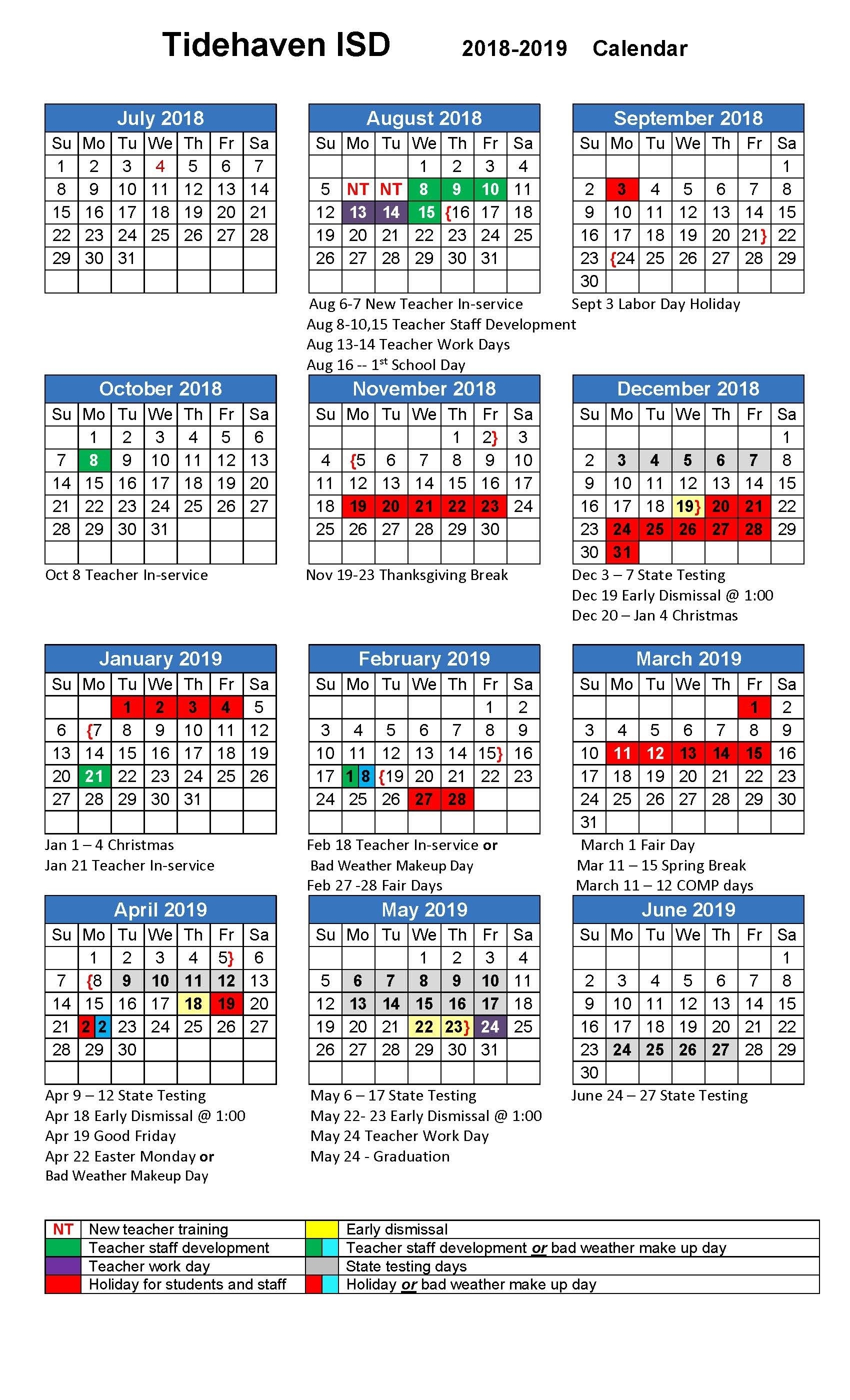 District Calendar - Tidehaven Isd Incredible School Calendar Texas State