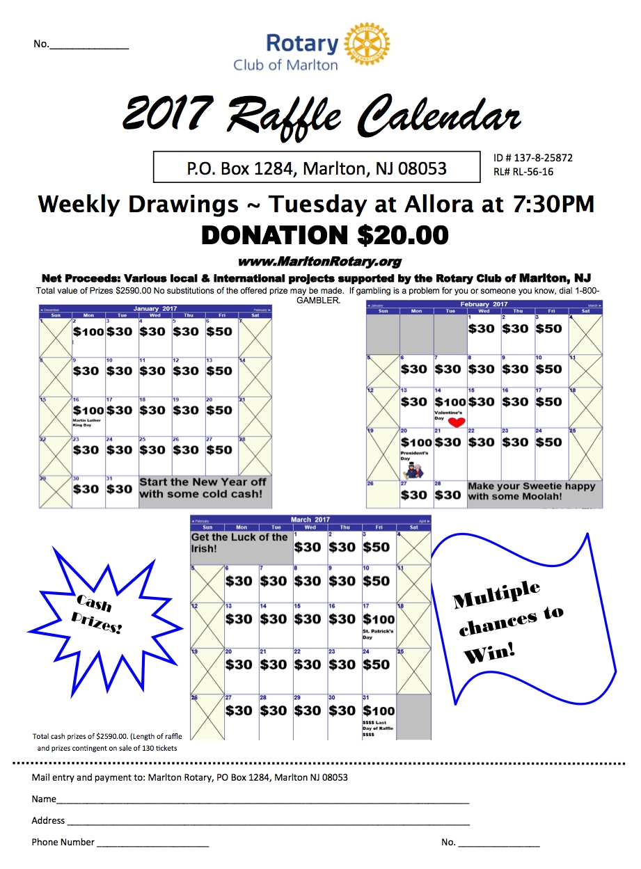 Enter The Marlton Rotary Calendar Raffle! | Rotary Club Of Marlton Calendar Raffle Ticket Printing