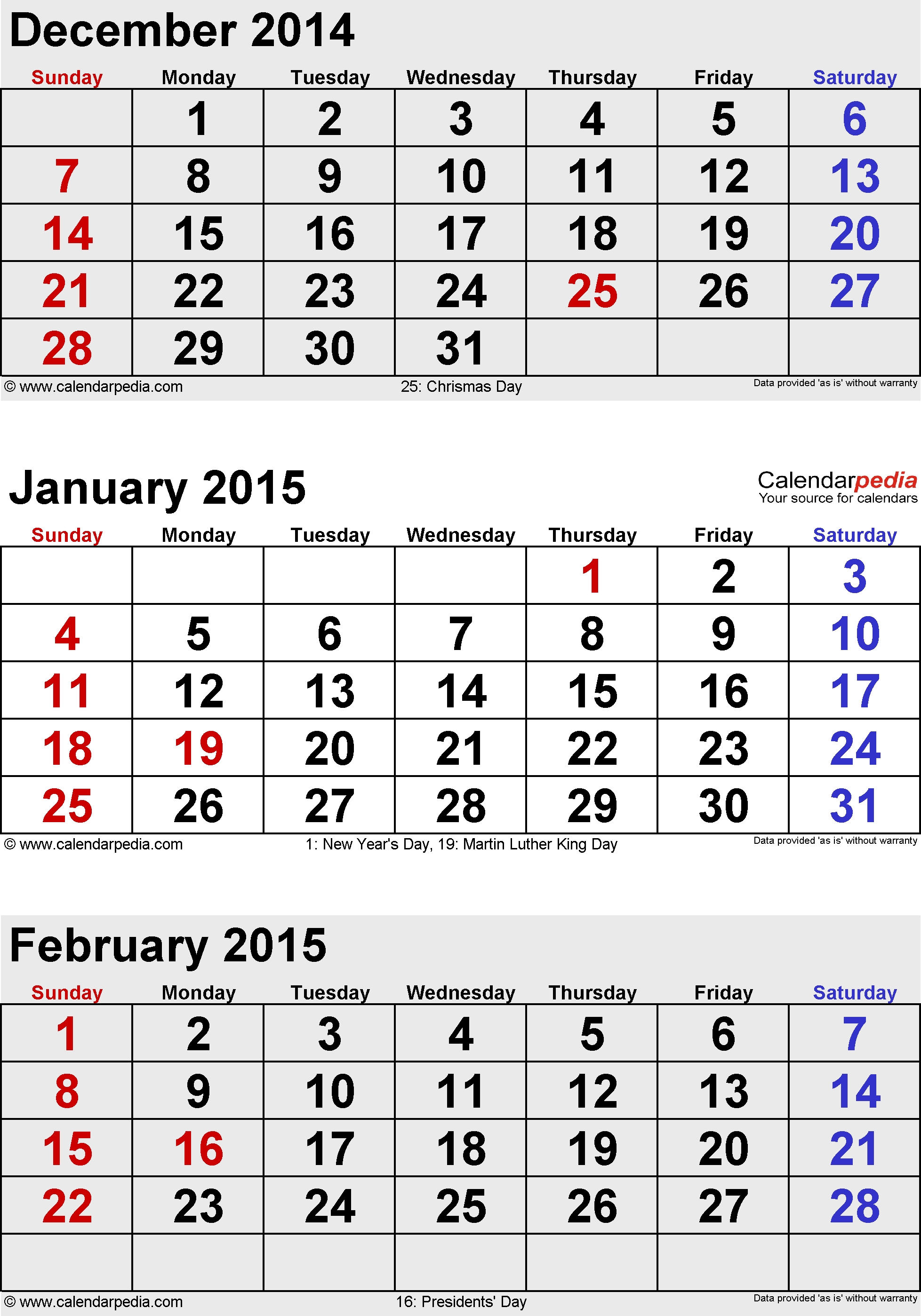 February 2015 Calendars For Word, Excel &amp; Pdf 3 Month Calendar With Holidays