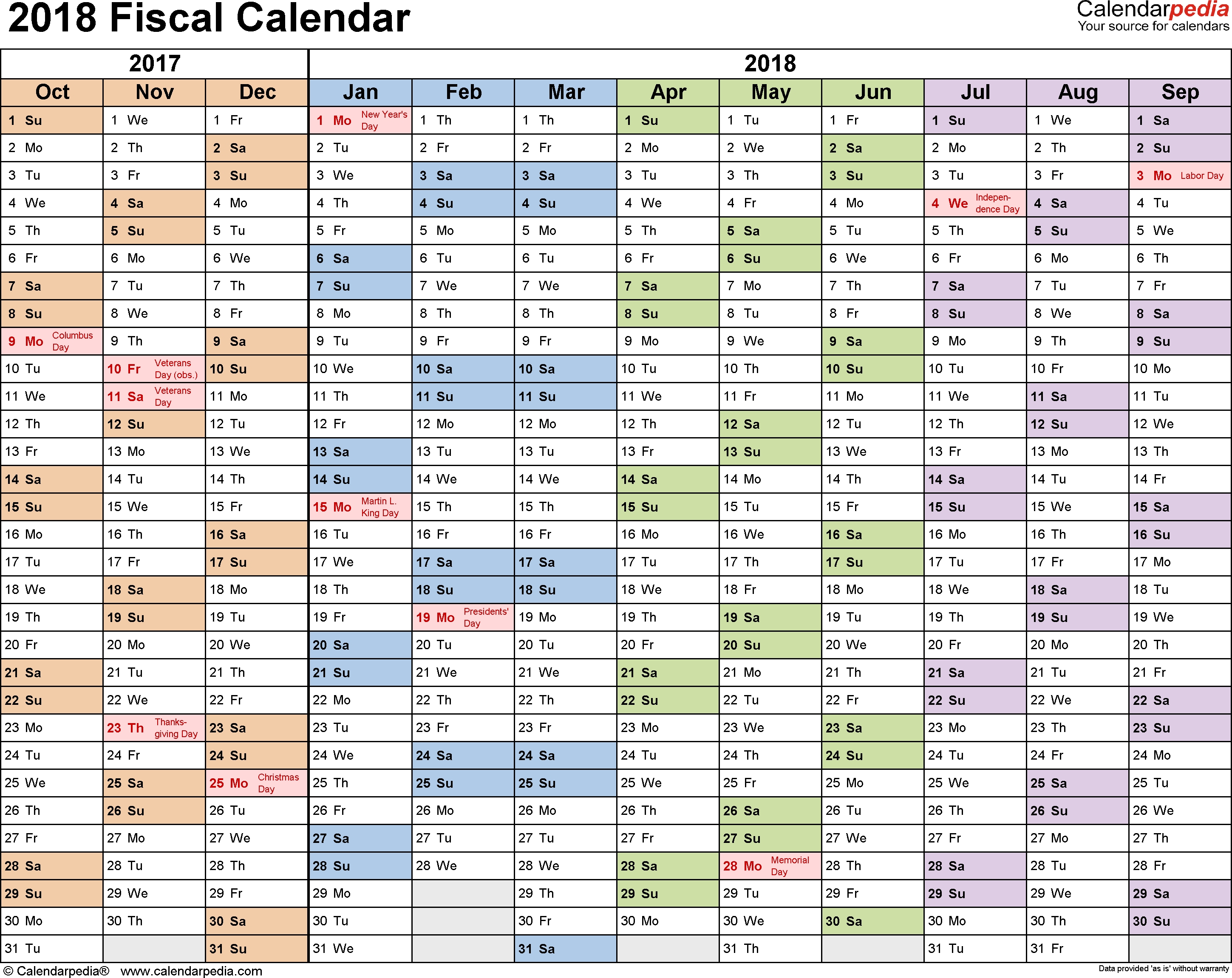 Fiscal Calendars 2018 As Free Printable Pdf Templates Calendar Month Business Definition