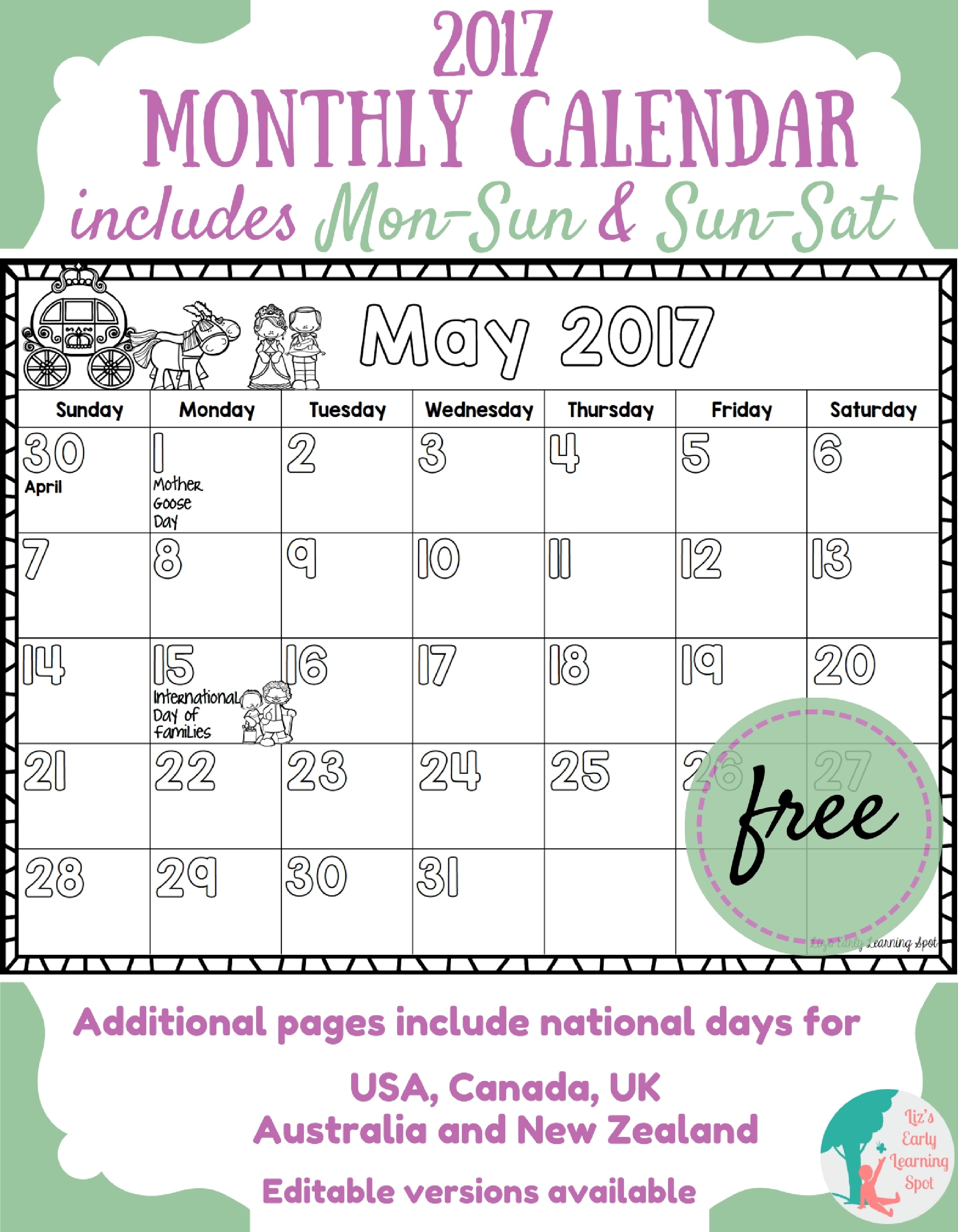 Free 2017 Monthly Calendar For Kids | Liz&#039;s Early Learning Spot Monthly Calendar Of Special Days