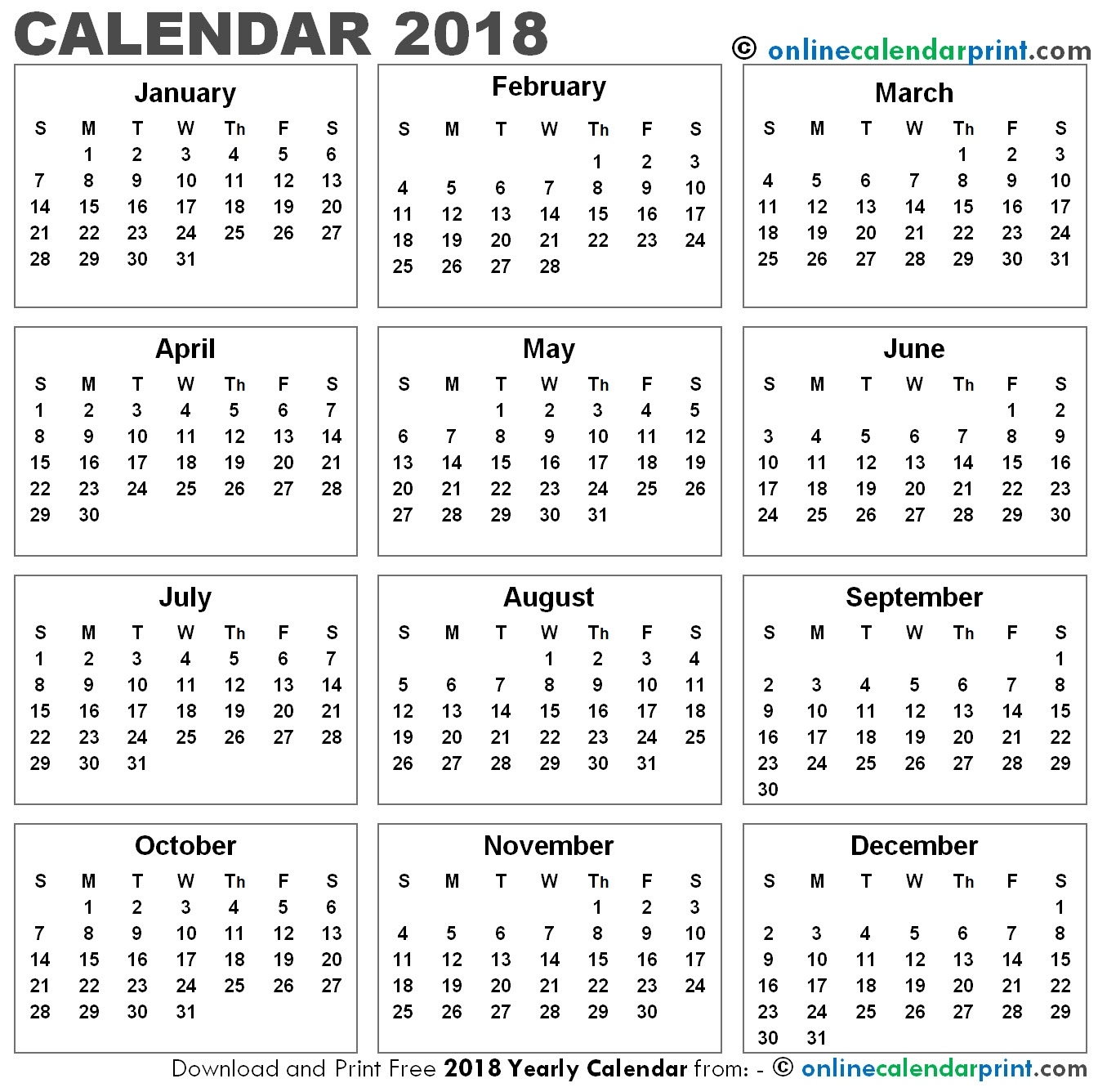 Free 2018 12 Months Calendar In One Page Portrait 4 Calendar Months On One Page