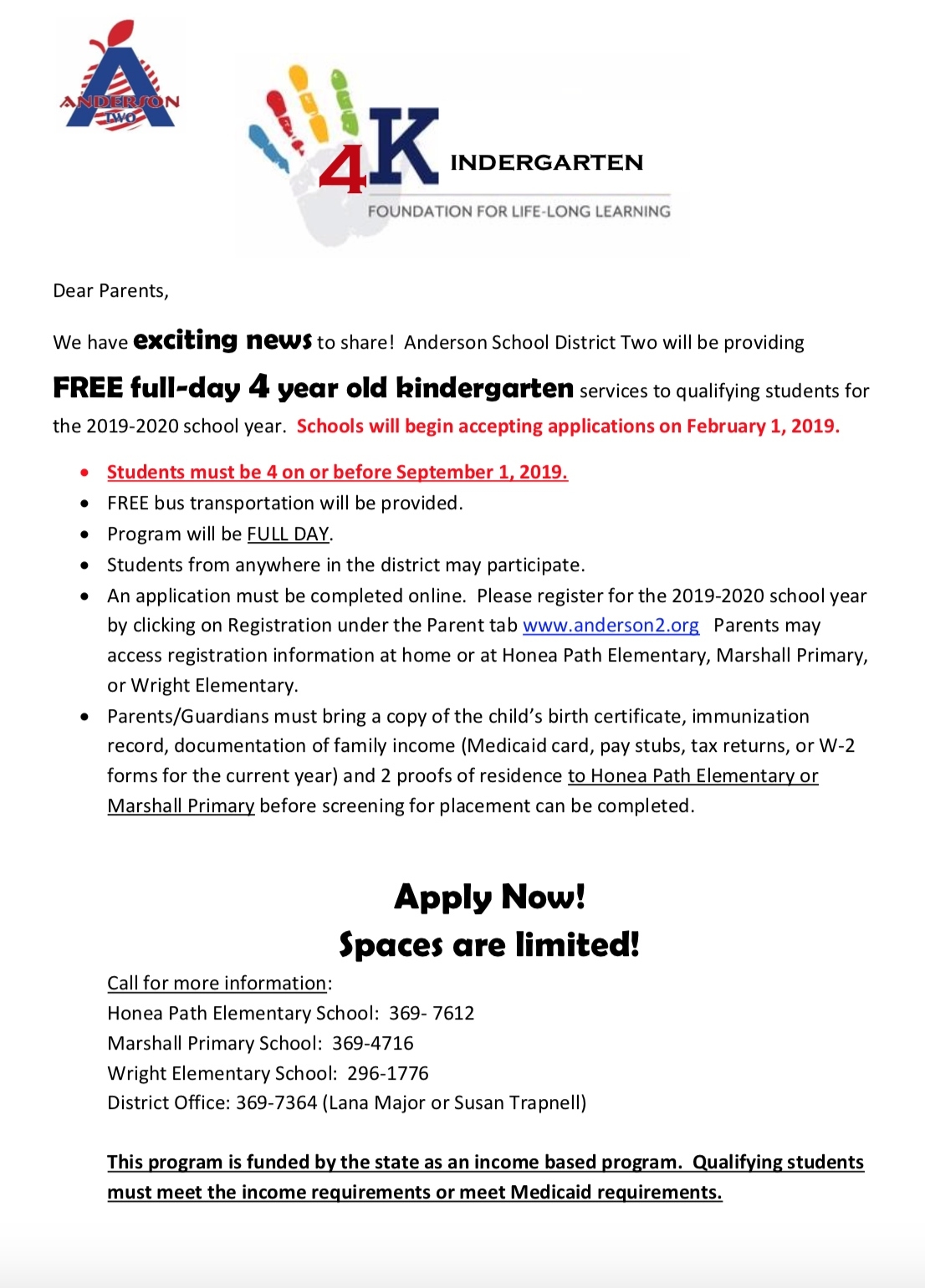 Free 4K Services - Anderson School District Two Anderson 2 School Calendar