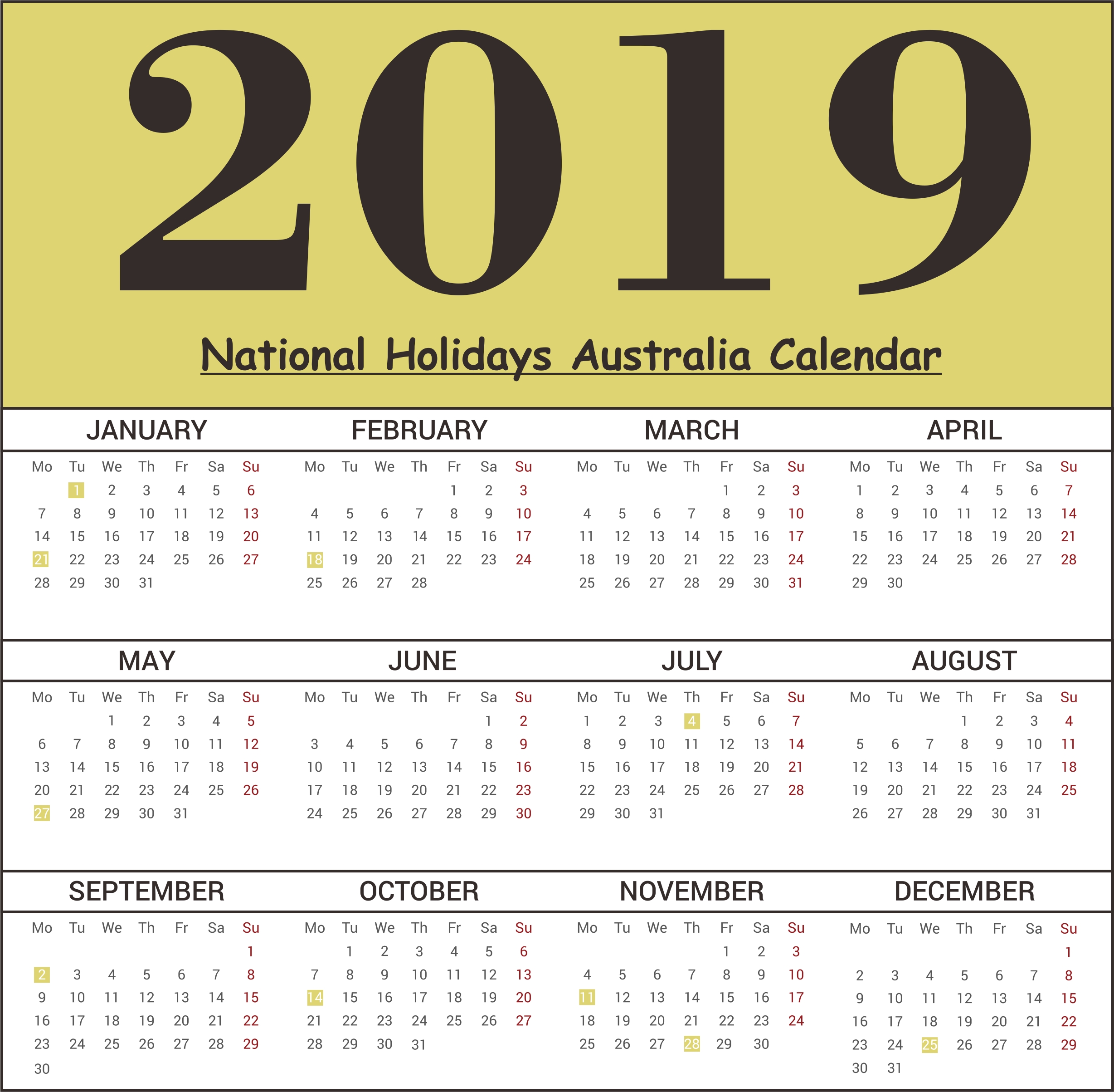 Free Australia National Holidays 2019 Calendar Templates | Free Calendar Public Holidays Australia