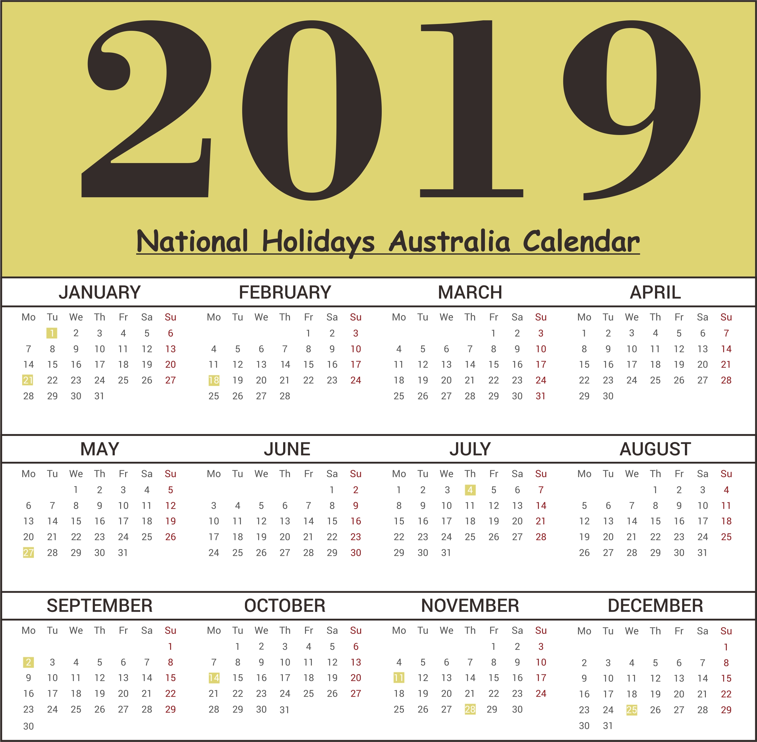 Calendar Public Holidays Australia – Printable Blank Calendar Template