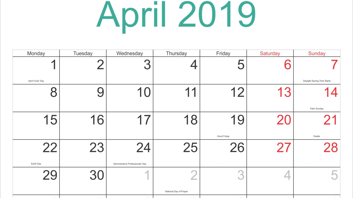 Free Download April 2019 Calendar With Holidays – Free Printable Blank Calendar With Holidays